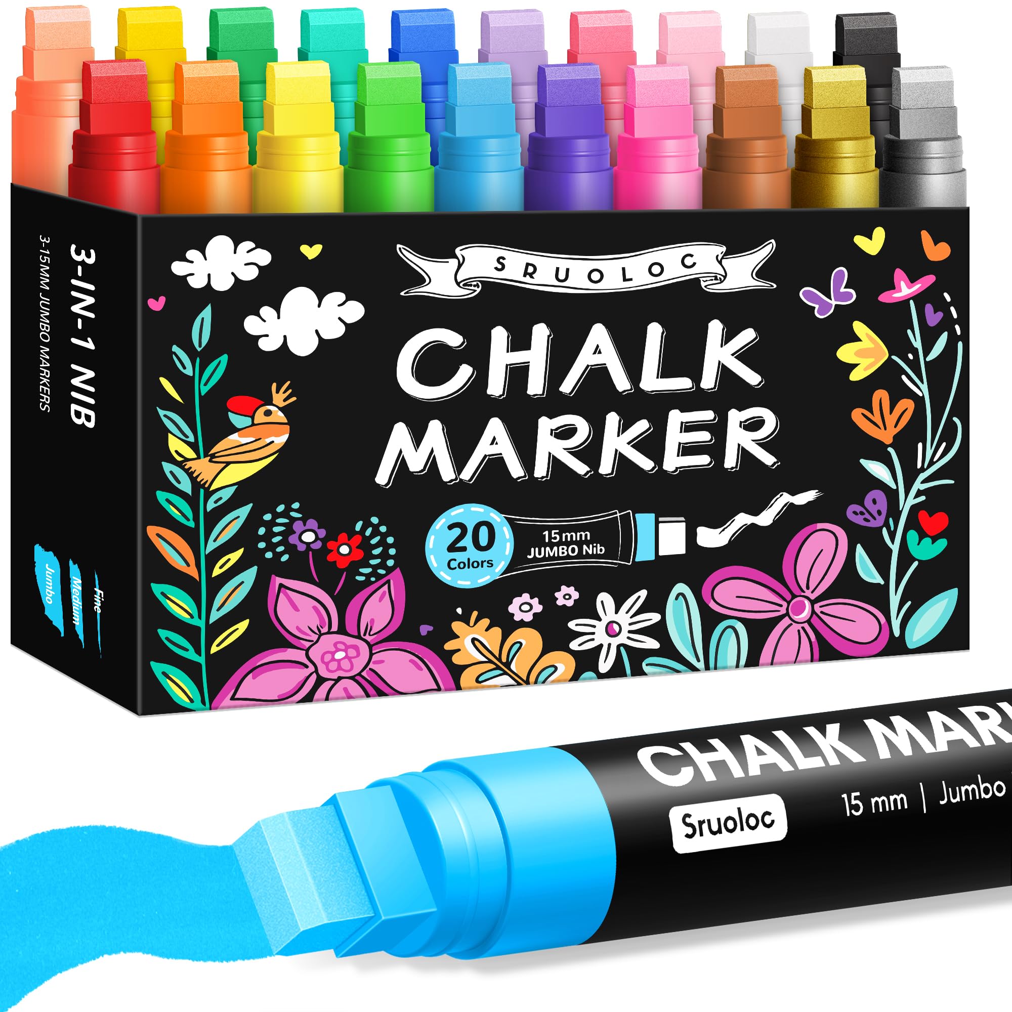 Window Chalk Markers for Glass Washable, 20 Colors Jumbo Liquid Chalk Marker with 15mm 3 in 1 Nib Thick Wide Tips, Big Chalkboard Markers, Car Paint