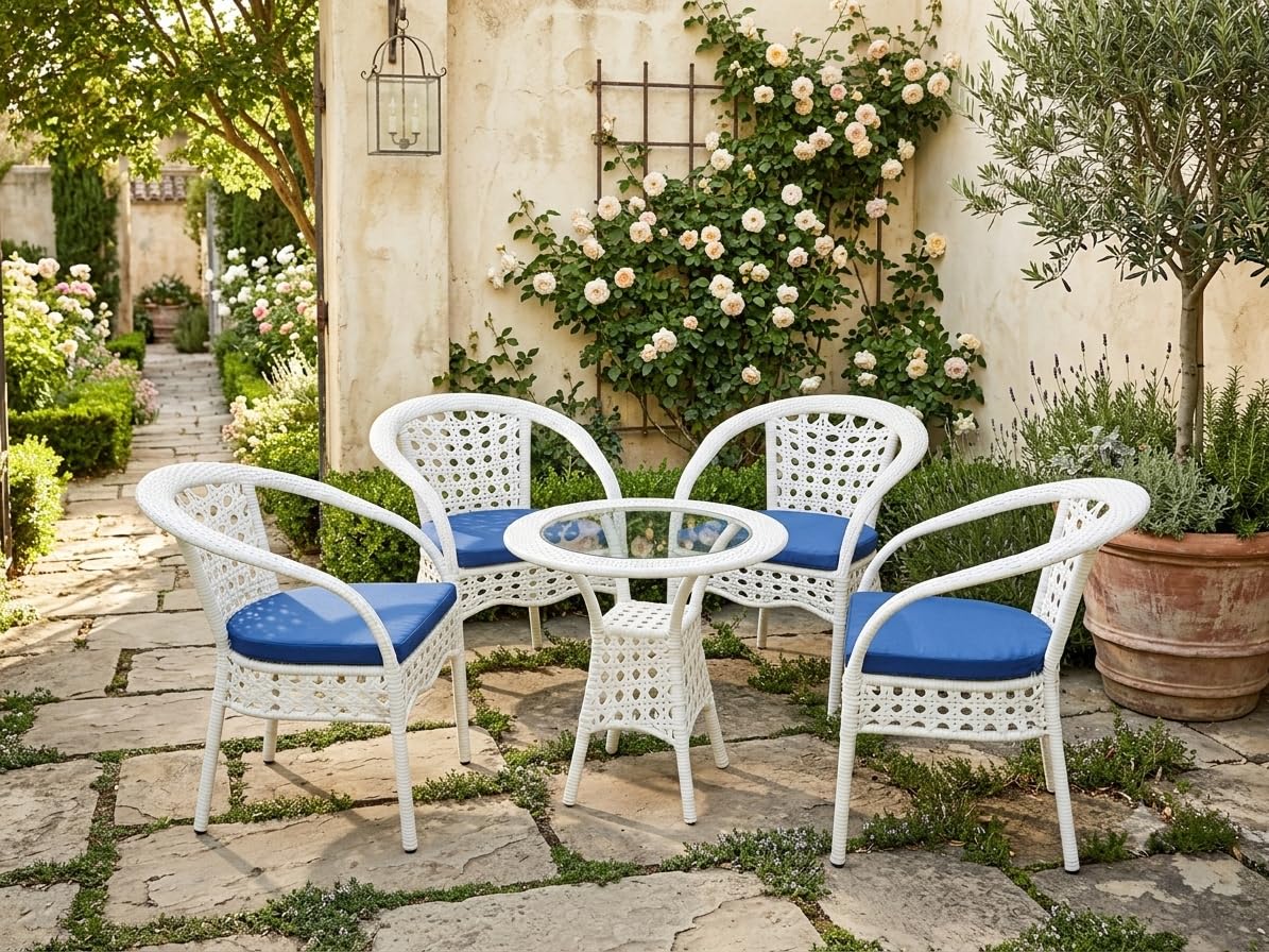 5-Piece Outdoor Rattan Wicker Patio Bistro Set with Glass Top Table | All-Weather Patio Furniture Set for Garden, Balcony, Backyard, Porch & Outdoor Seating (White+Orange) (White+Blue)-image-16