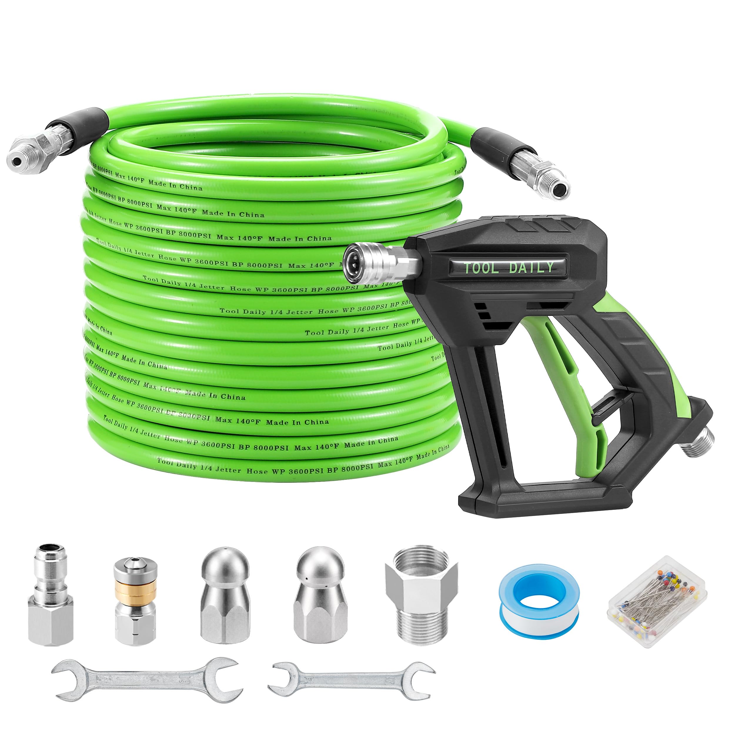 Tool Daily 15 m Tuyau Déboucheur Canalisation Haute Pression avec Pistolet | Furet Deboucheur Canalisation 1/4" NPT, Lance de Nettoyeur Haute Pression M22 14mm, 3 Buses de Jet d'Égout, 250 bar