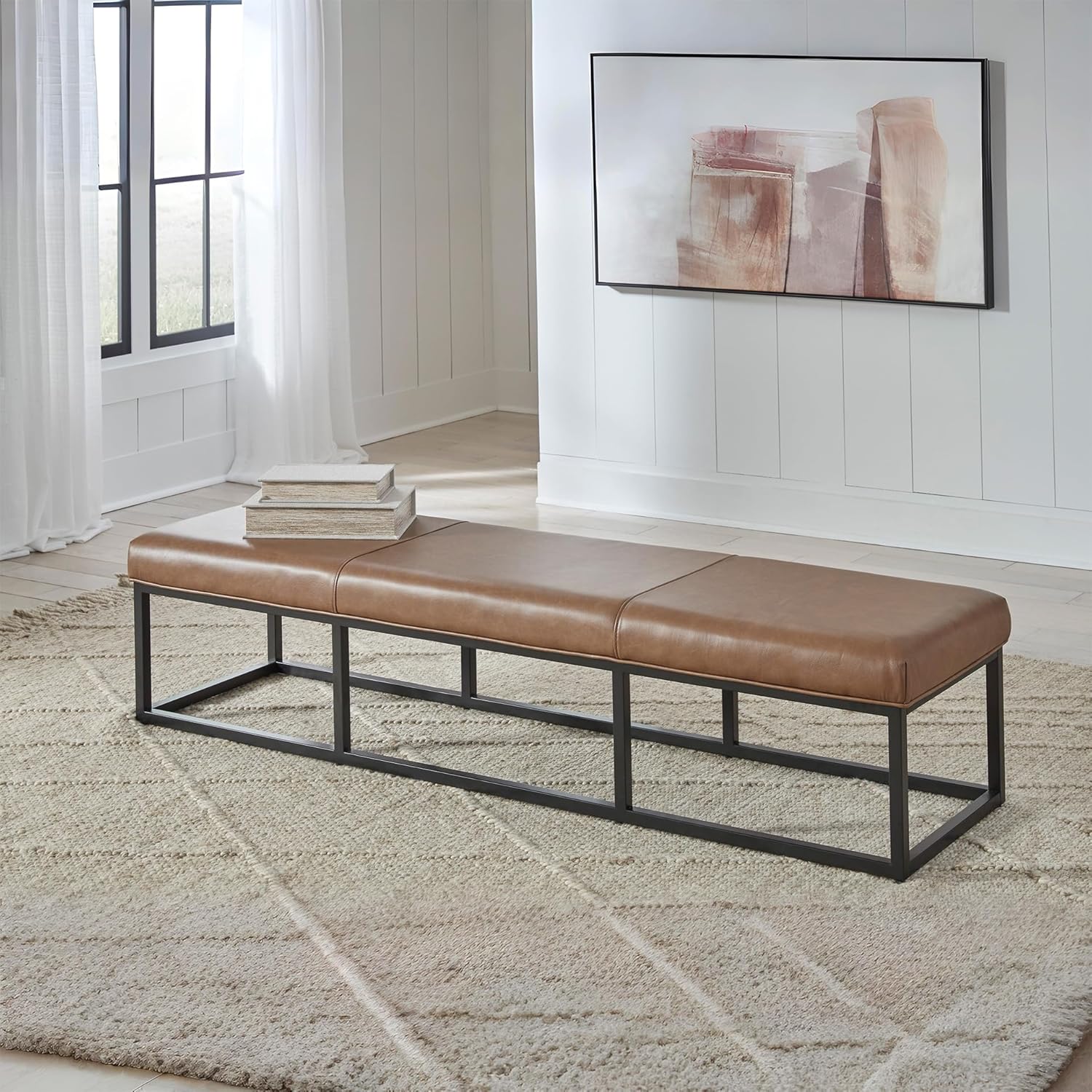 Signature Design by Ashley Joston Contemporary Leather Upholstered Accent Bench with Metal Frame, Light Brown & Black