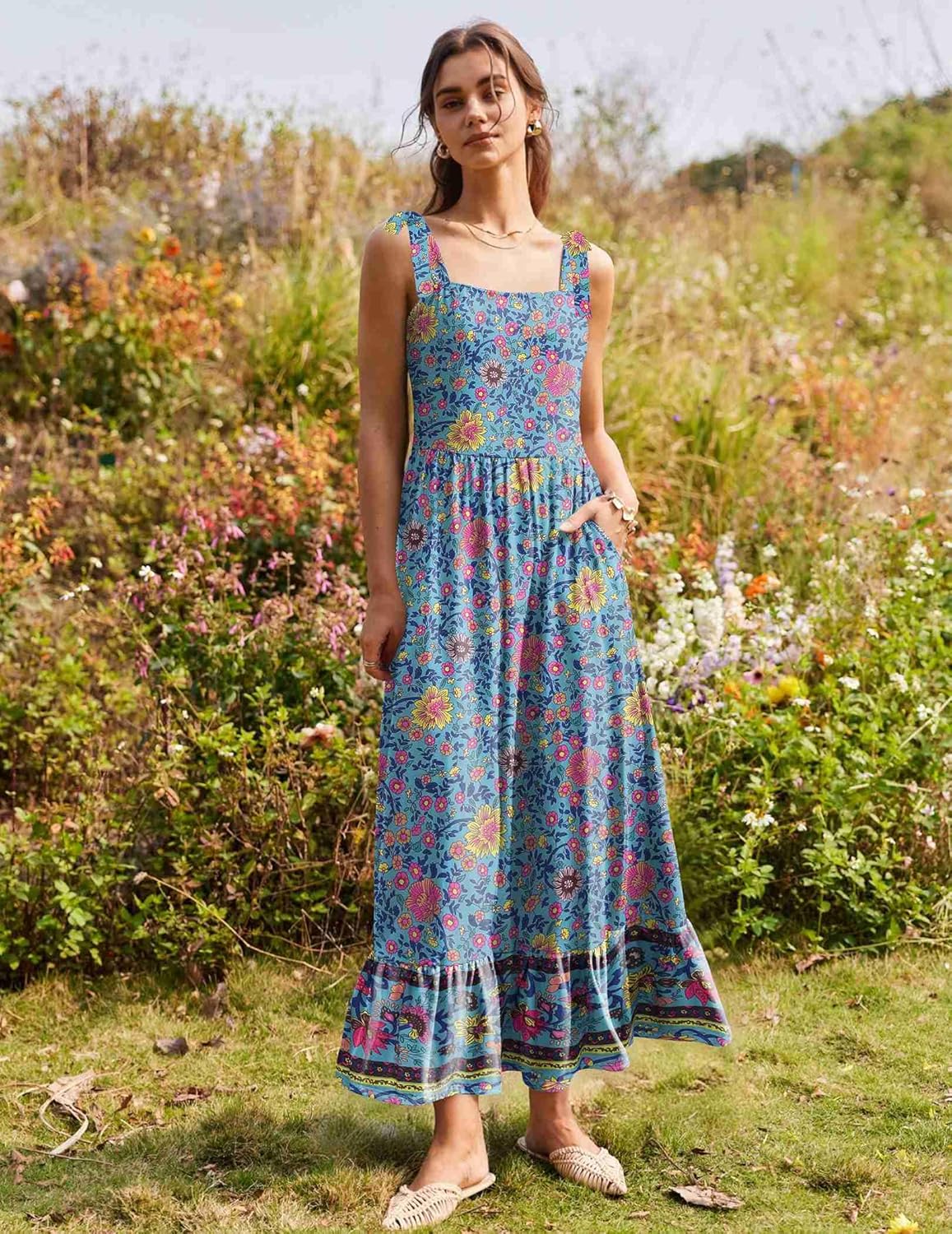 Zeagoo Women Summer Maxi Dress with Pockets 2025 Spaghetti Strap Sundress Casual Flowy Boho Dress Floral Tiered Beach Dress - Image 3