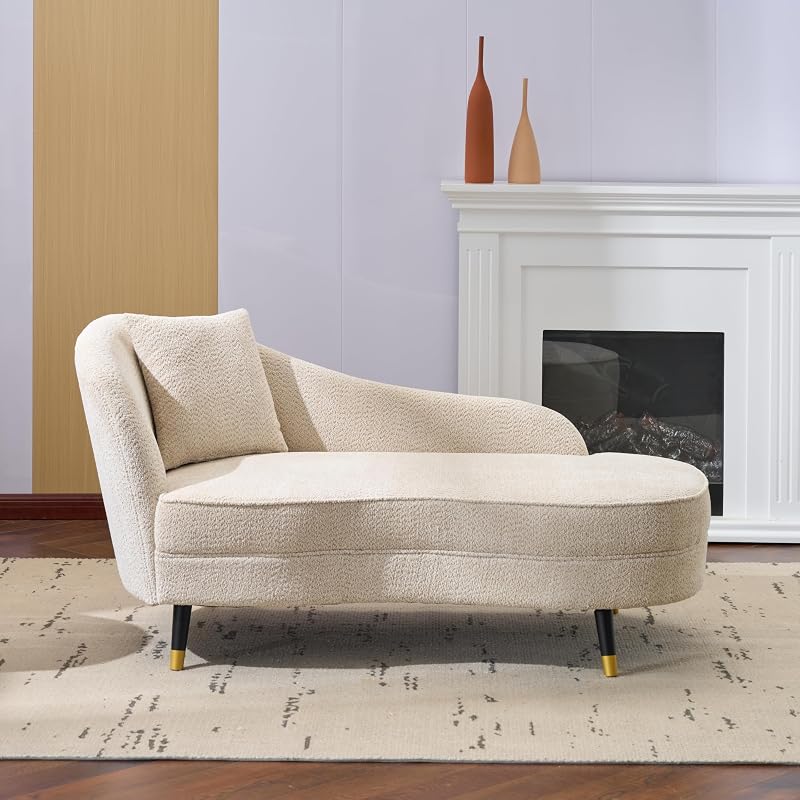Christopher Knight Home Harlow Velvet Upholstered Chaise Lounge Chair Indoor, Wooden Chaise Lounge Sofa with Accent Pillow, Living Room Lounge Chair with Left Armrest, Beige