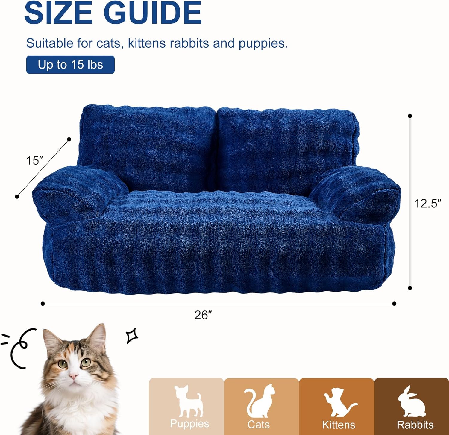 Cat Couch Bed, Cute Soft Pet Sofa for Indoor Cats Kittens Puppies with Removable Washable Cover, 26"x15", Navy Blue