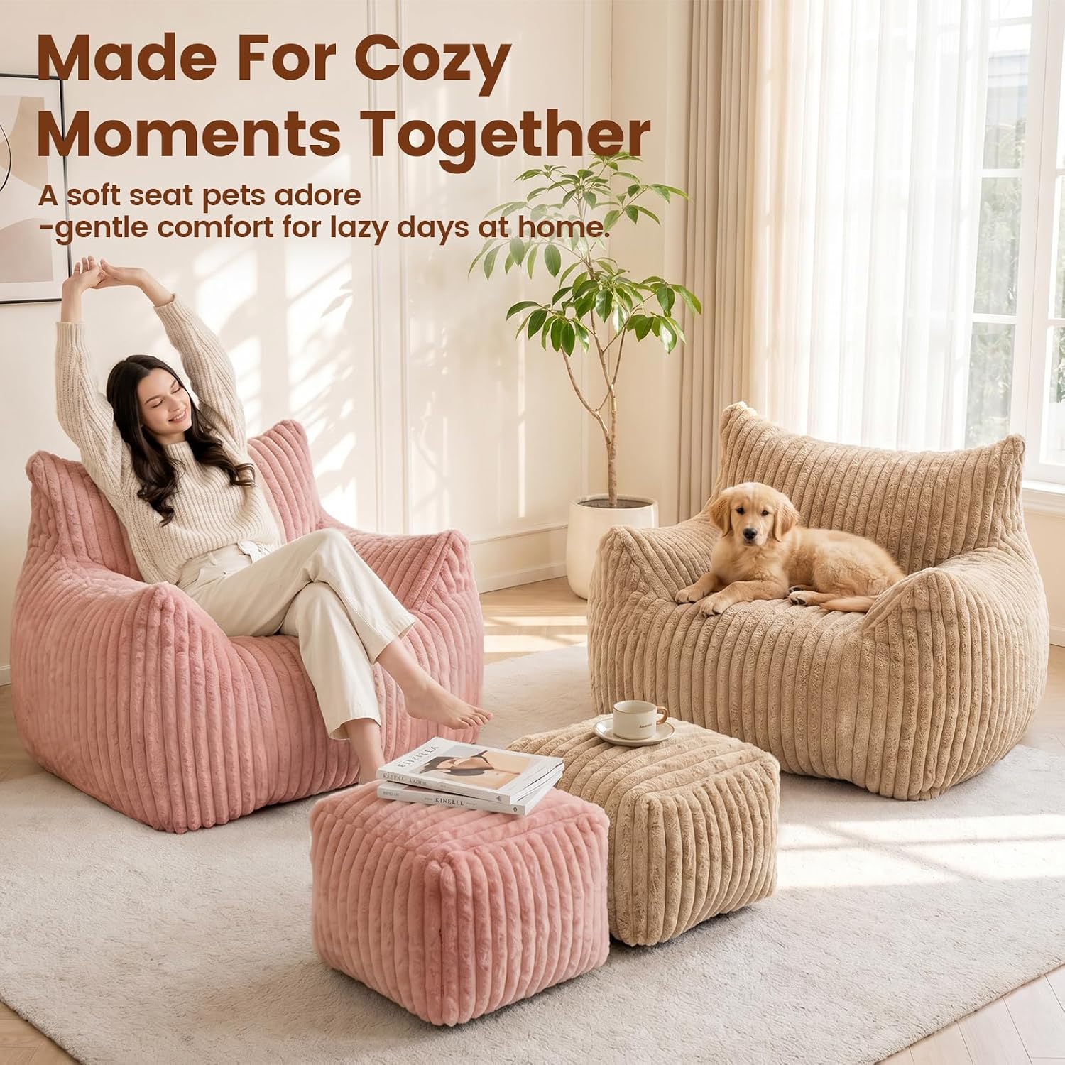 WSOFRLAC Giant Plush Bean Bag Chair with Ottoman for Adults & Kids, Pink image 4