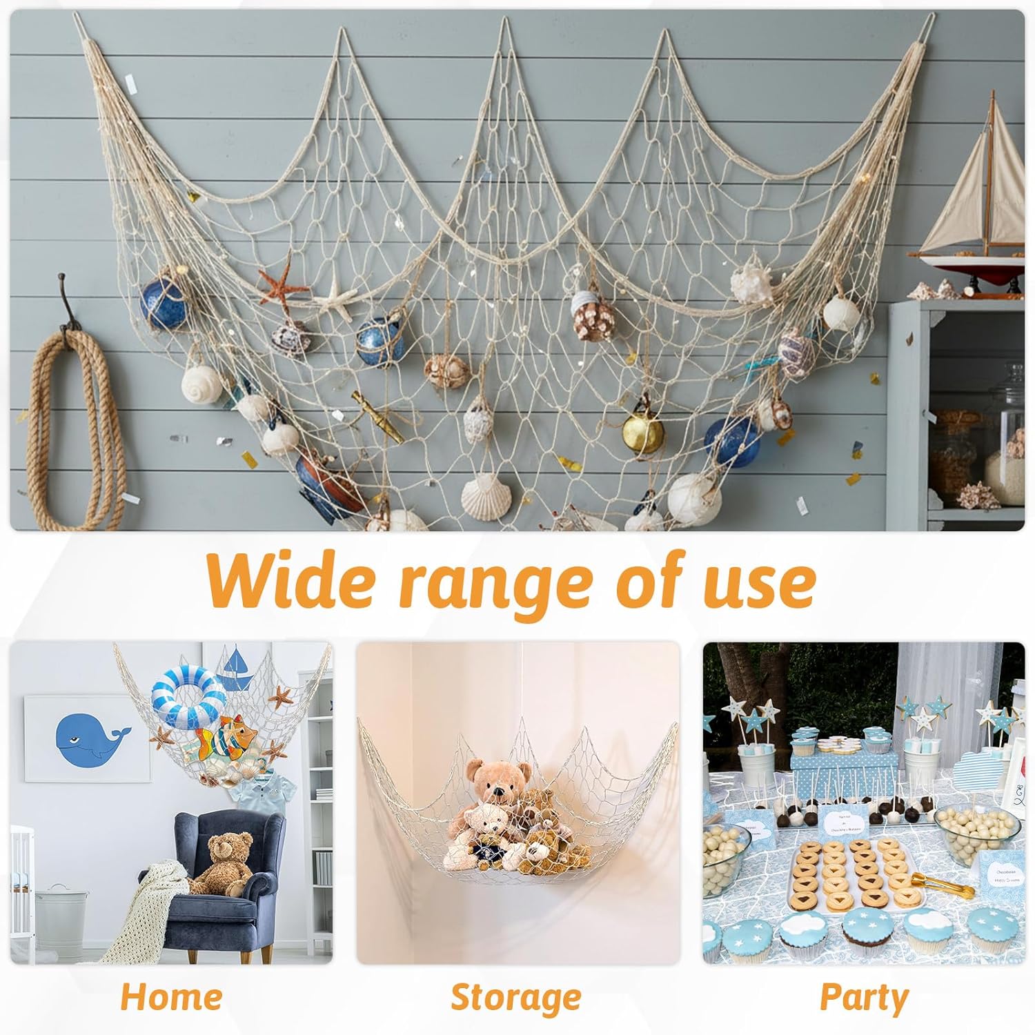 12 Pcs Natural Fish Net Decorations, 80 x 40 Inch Ocean Themed Fishing Net Natural Cotton Decorative Wall Hanging Fishing Nets for Sea Party, Beach Party, Hawaiian, Nautical, Picture (Beige)