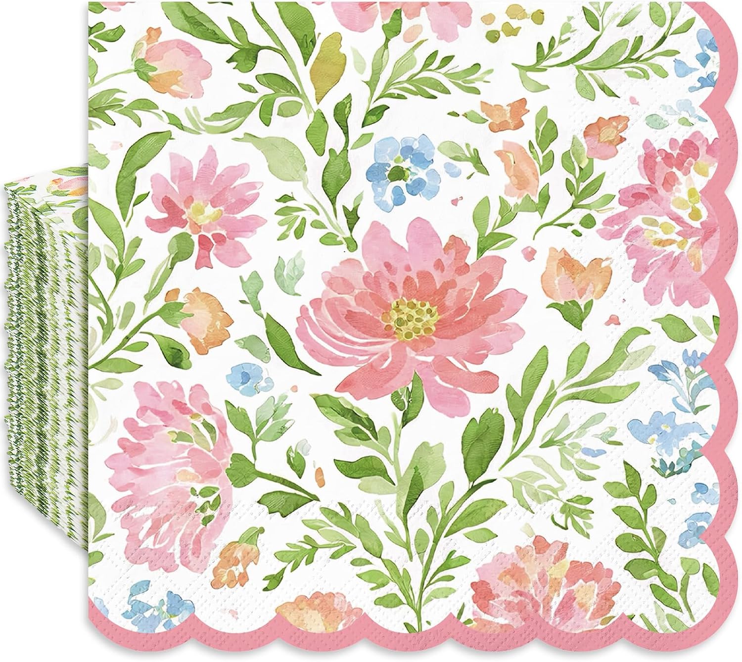 FYSUIMU 50Pcs Floral Cocktail Napkins Watercolor Pink Green Flower Disposable Paper Napkin Scalloped Beverage Napkin for Spring Wedding Birthday Party Supplies Table Decor