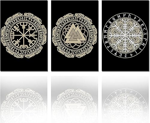Tucocoo 3 paneles de decoración de pared con letrero de Dios Odin Yelmo de asombro brújula mágica runa Vegvisir para sala de estar, listo para