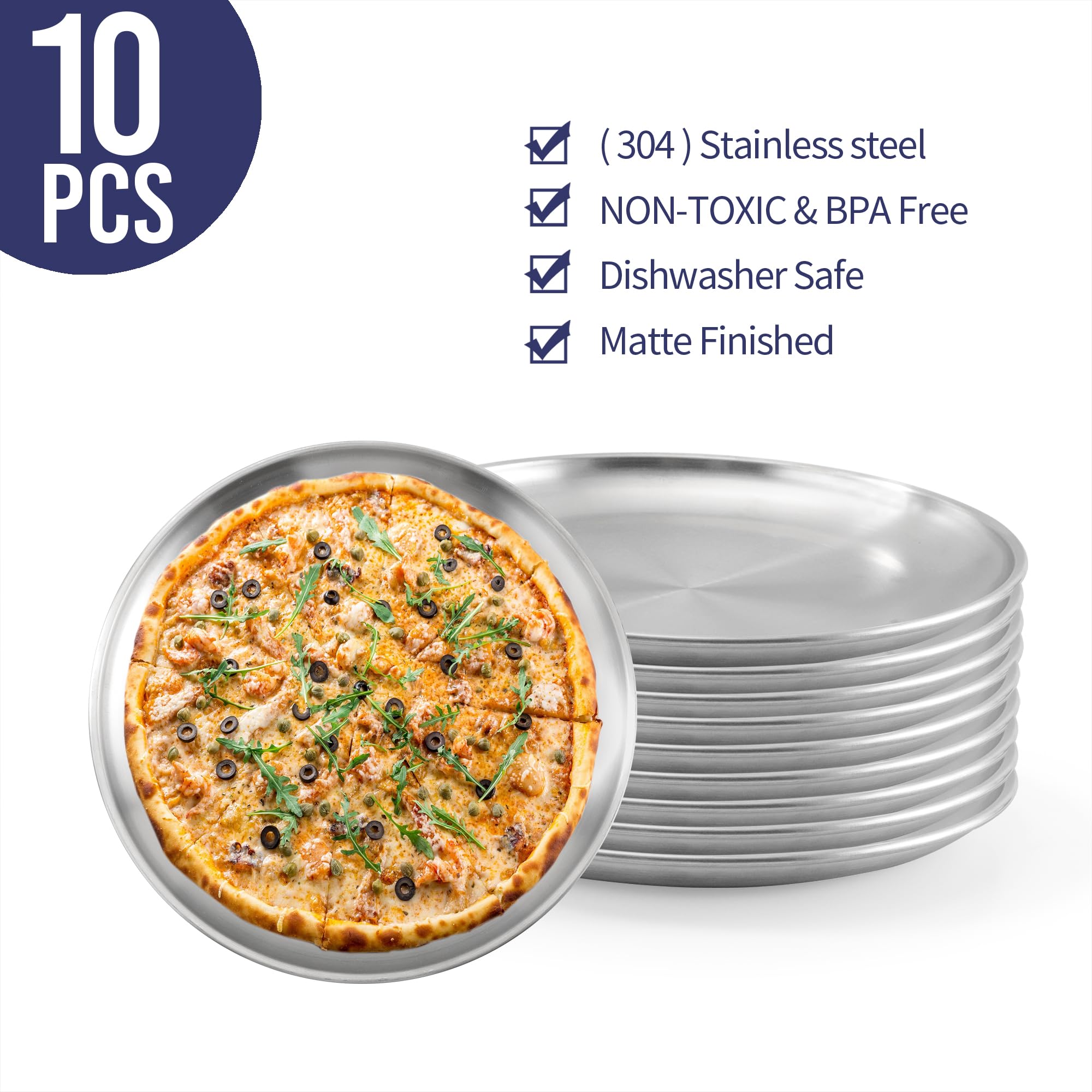 Paquete de 10 bandejas de pizza de acero inoxidable de 12 pulgadas, antiadherentes para hornear, bandejas redondas para hornear pizza a granel