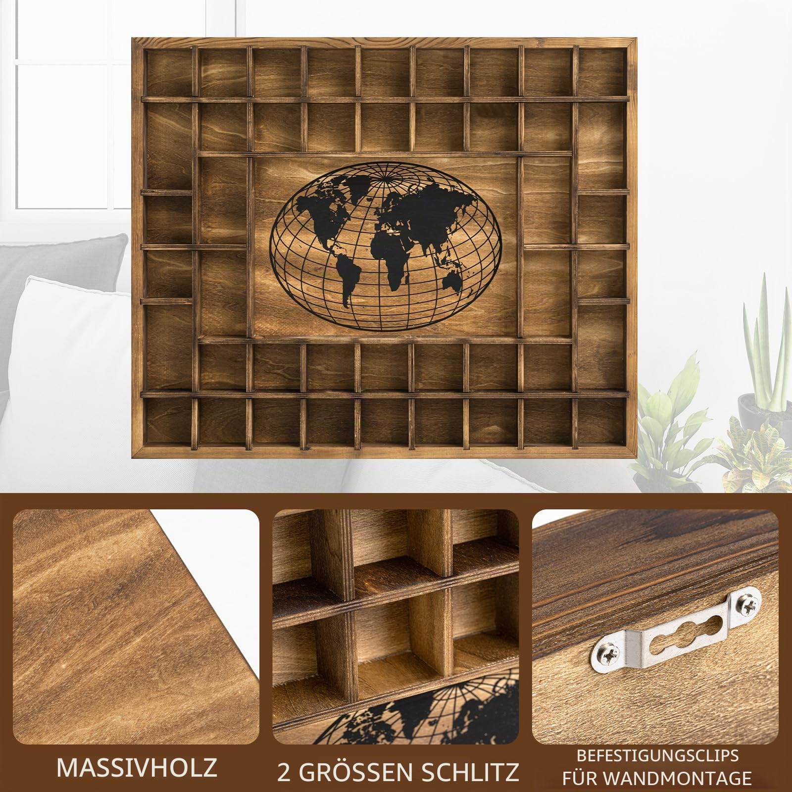 GlikCeil Große Weltkarte mit 44 Fächern, Schnapsglas-Vitrine, 71,1 x 58,9 cm, rustikaler Holz-Schnapsglashalter für 2 Größen, Weinglas, Bar, Regal, Organizer, Wandhalterung, Aufbewahrung,