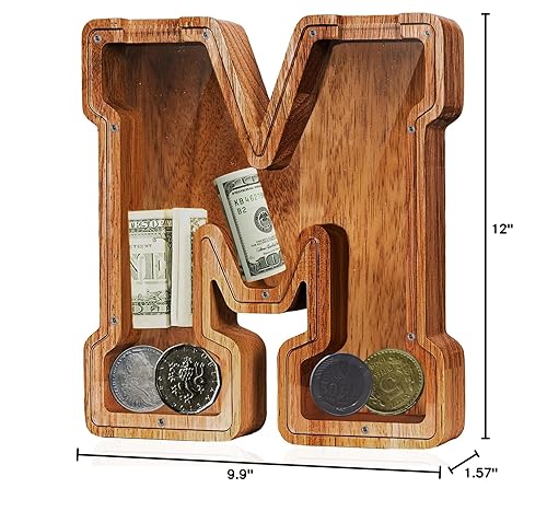 Vista 118 de Customized Name Large Wooden Piggy Bank for Boys Girls Alphabets Letter A-Z Coins Bills Money Change Bank Box Initial on Clear Cover