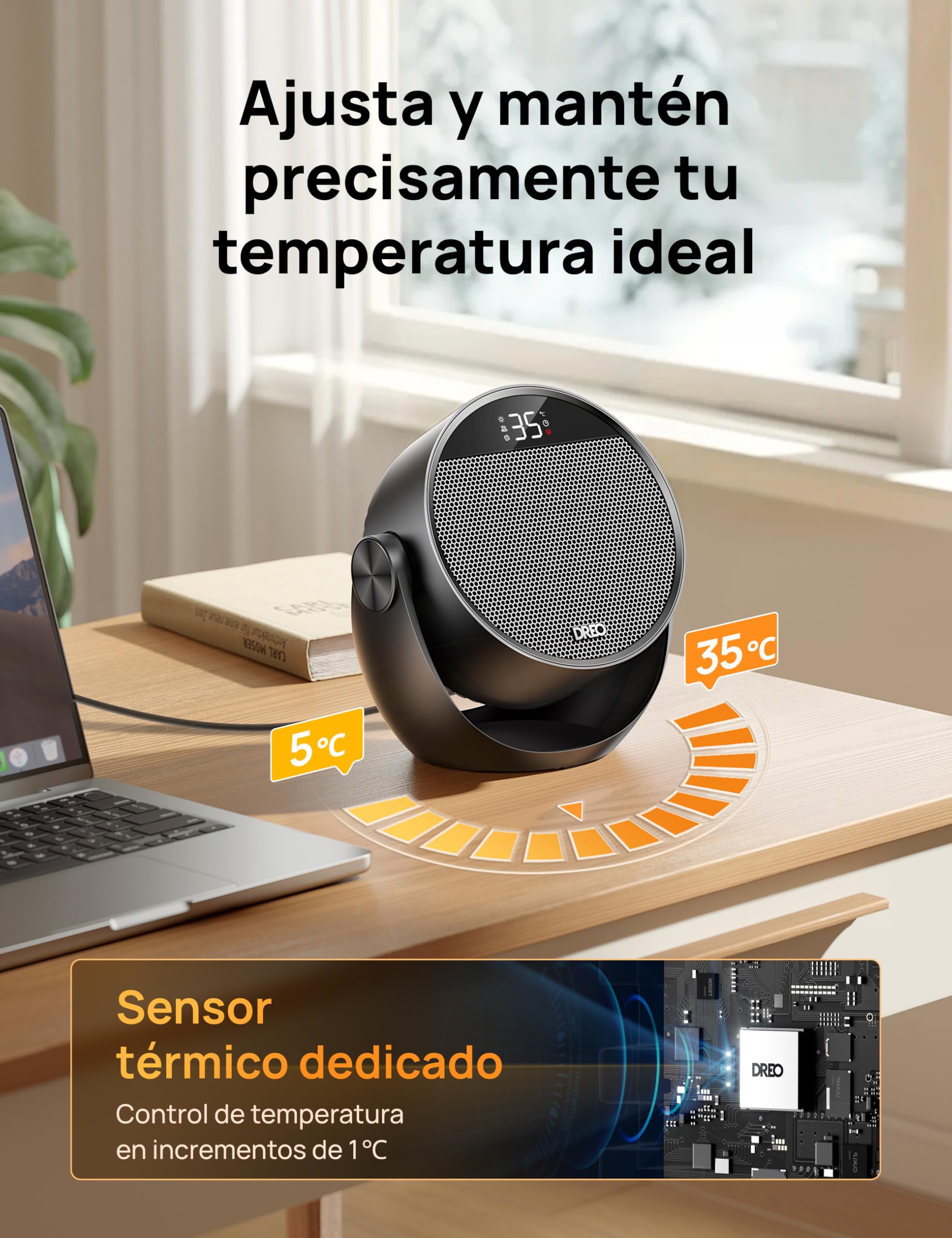 Dreo Calefactor eléctrico 1500W silencioso y de bajo consumo, portátil con mando y termostato, inclinación 60°, 8 sistemas de seguridad, cerámica PTC, temporizador 12h, 3 modos y 3 velocidades