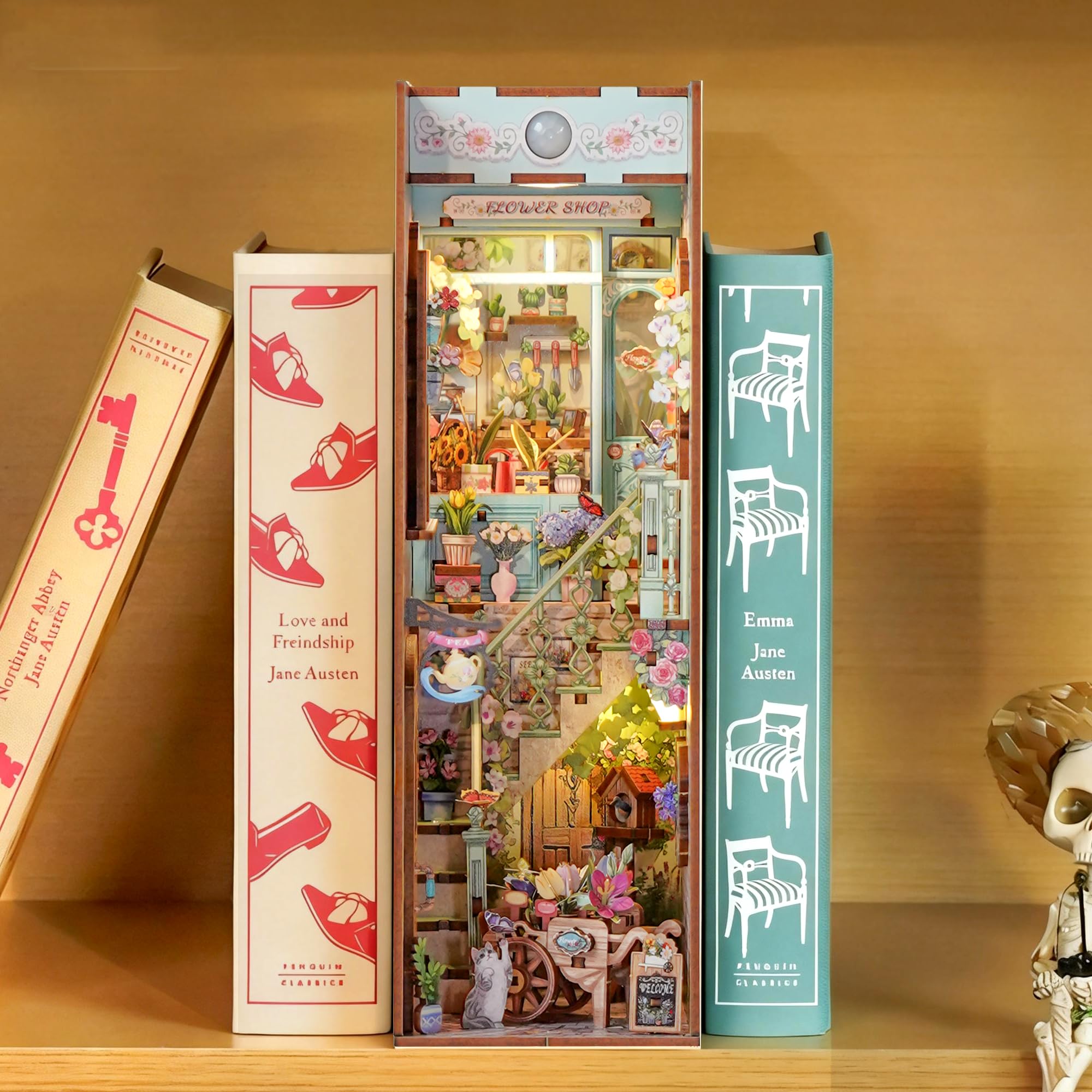 Tonecheer DIY zestaw do zakamarków na książki, dla dorosłych, drewniany zestaw puzzli 3D, miniaturowy zestaw do domu, fantazyjny regał na książki, dekoracja z czujnikiem, światło LED, prezenty na