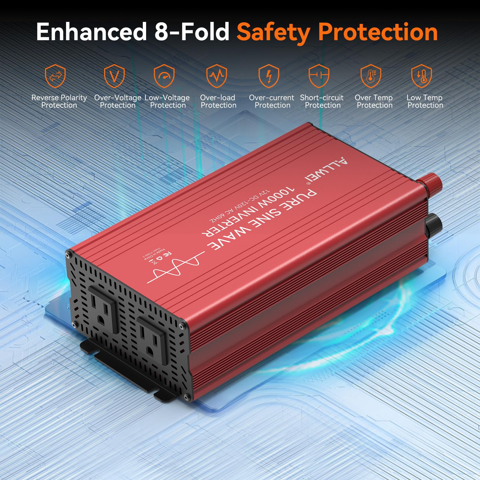 ALLWEI Inversor de onda sinusoidal pura de 1000 W, convertidor de 12 V CC a