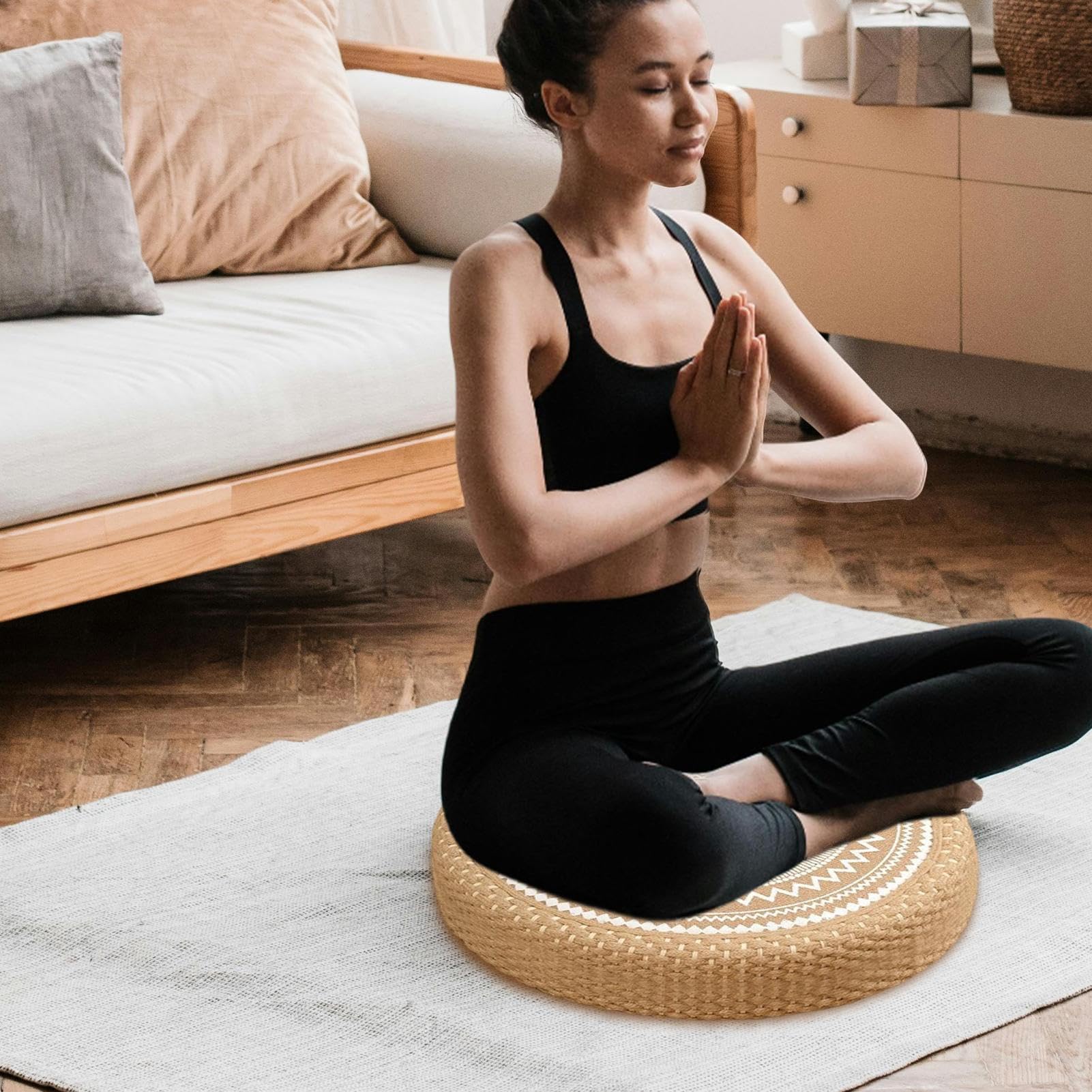 Cuscino per Meditazione Cuscino Rotondo Intrecciato in Paglia per Pavimento | Stile Boho per Arredamento Casa Yoga Soggiorno Sala da Tè Esterno e Interno