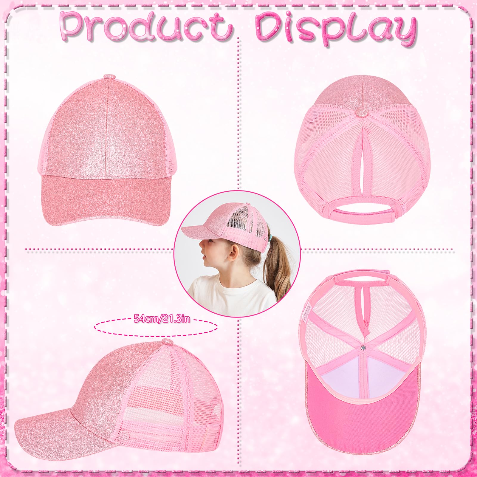 Gorra de Béisbol para Niña con Cola de Caballo, Ajustable Gorras de Malla y Gafas de Sol Sombrero Verano con Purpurina para Niñas Deportes al Aire Libre Playa (Rosa)