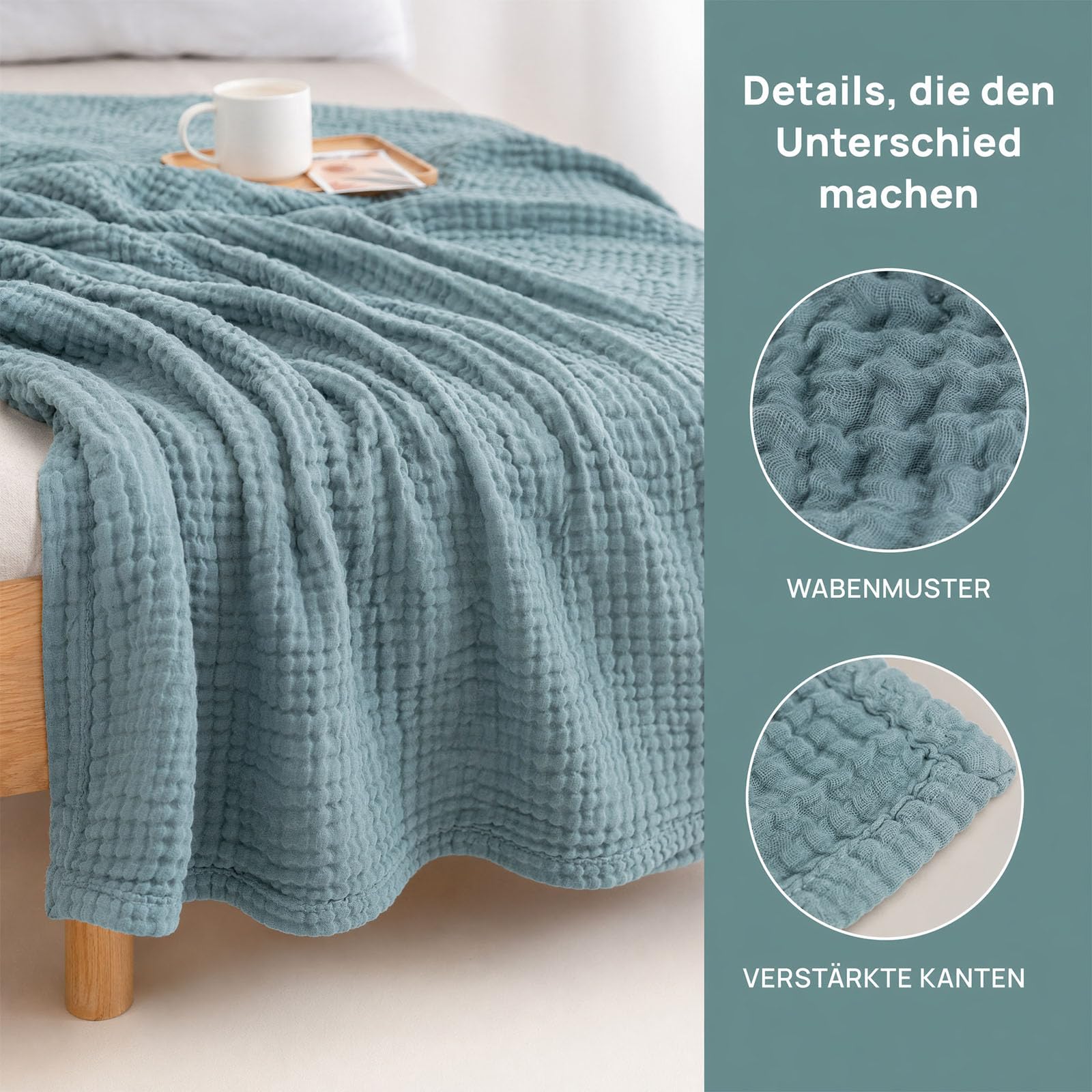 Musselin Decke 150 x 200 100% Baumwolle Leichte Sanfte Musselin-Decke für Bett Sofa Dunkelgrün