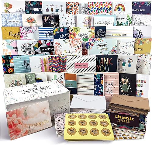 Tarjetas de agradecimiento con sobres, paquete de 100 notas en blanco con 100 diseños diferentes y únicos para negocios, clientes, baby shower,