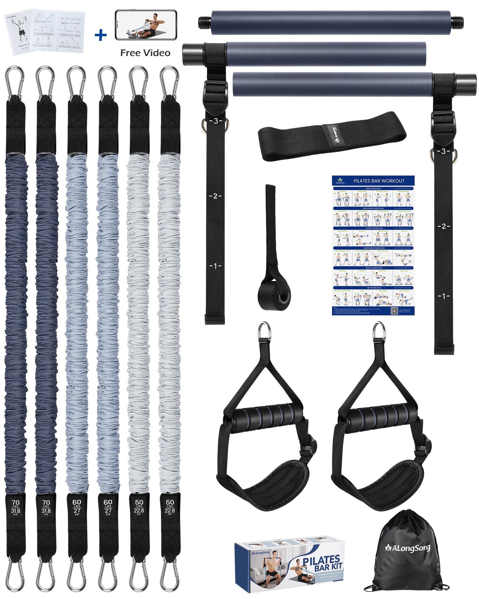 AlongSong Set Pilates con Fasce Elastiche (20-360 LBS), Barra Pilates a 3 Sezioni e Manuale di Istruzioni, Set Multifunzionale e Portatile per Il Fitness a Casa per Allenamenti in Famiglia