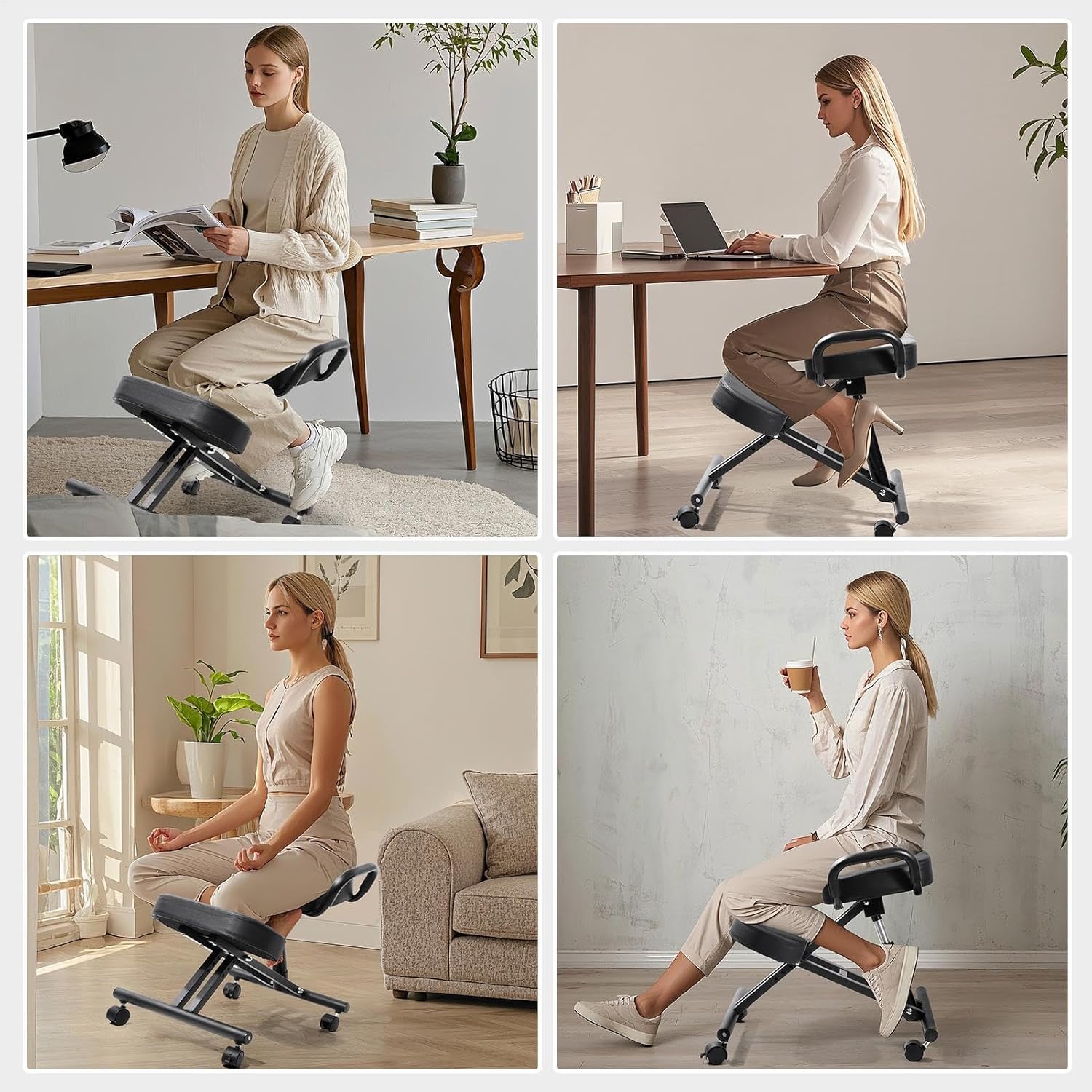 Ergonomic Kneeling Chair Without Backrest, Adjustable Balance Stool with Brake & Smooth Gliding Casters, Postures Correcting Chair for Home Office