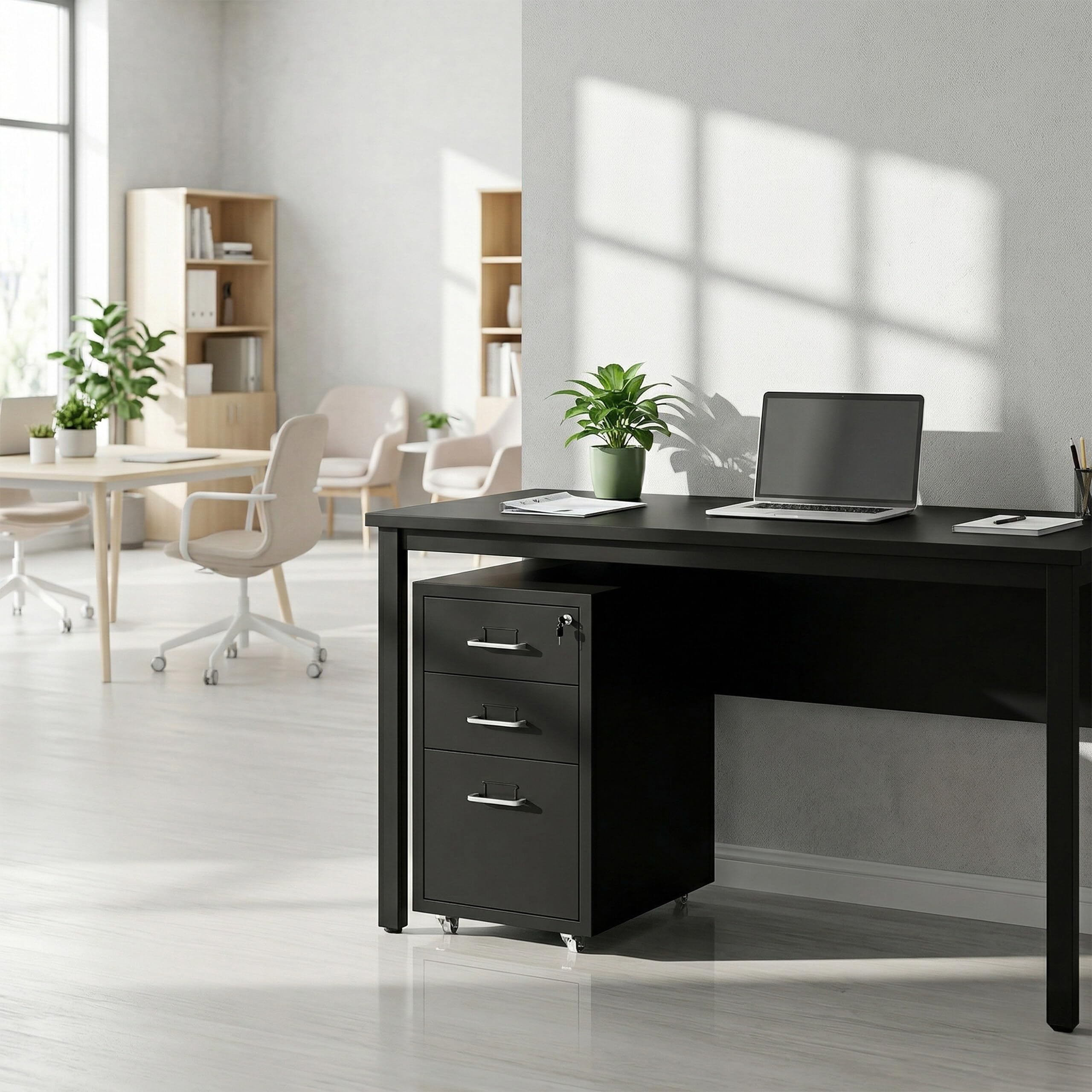 Relaxdays Caisson à roulettes verrouillable en métal, 3 tiroirs, 45,5 x 28 x 41 cm, Noir, Bureau, Charge 31 kg
