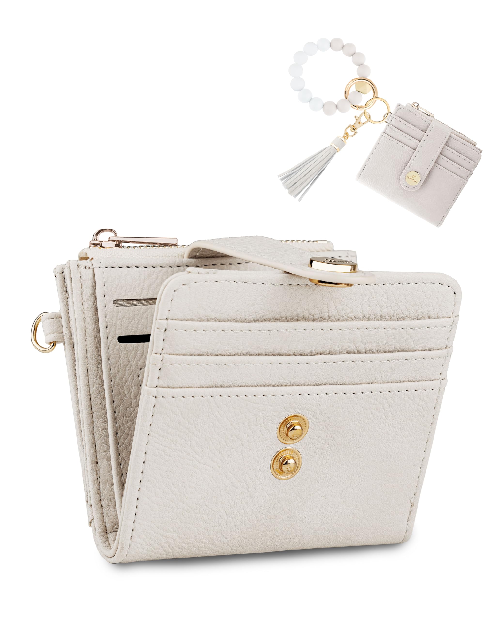 Sunpour Small Wristlet Wallets for Women Keychain Wristlet Wallet RFID Blocking Key Chain Wallet With Zipper Coin Pocket,2 Id Window (Beige)