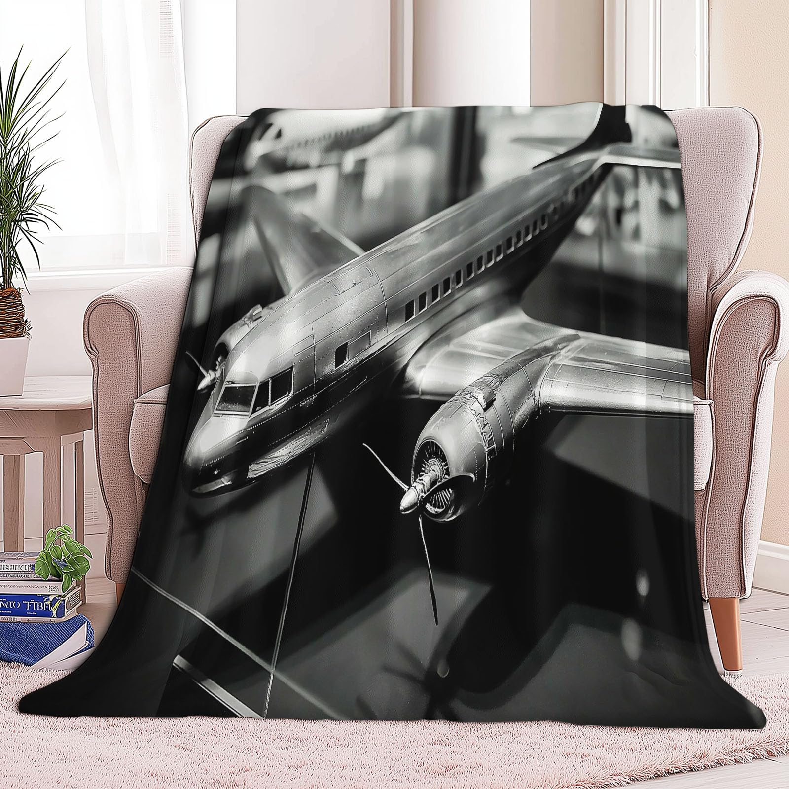 Générique Koc w kratę 150 x 200 cm DC 3 Model samolotu Ultra miękki koc flanelowy z nadrukiem premium narzuta na sofę dla nastolatków i dorosłych, czarny
