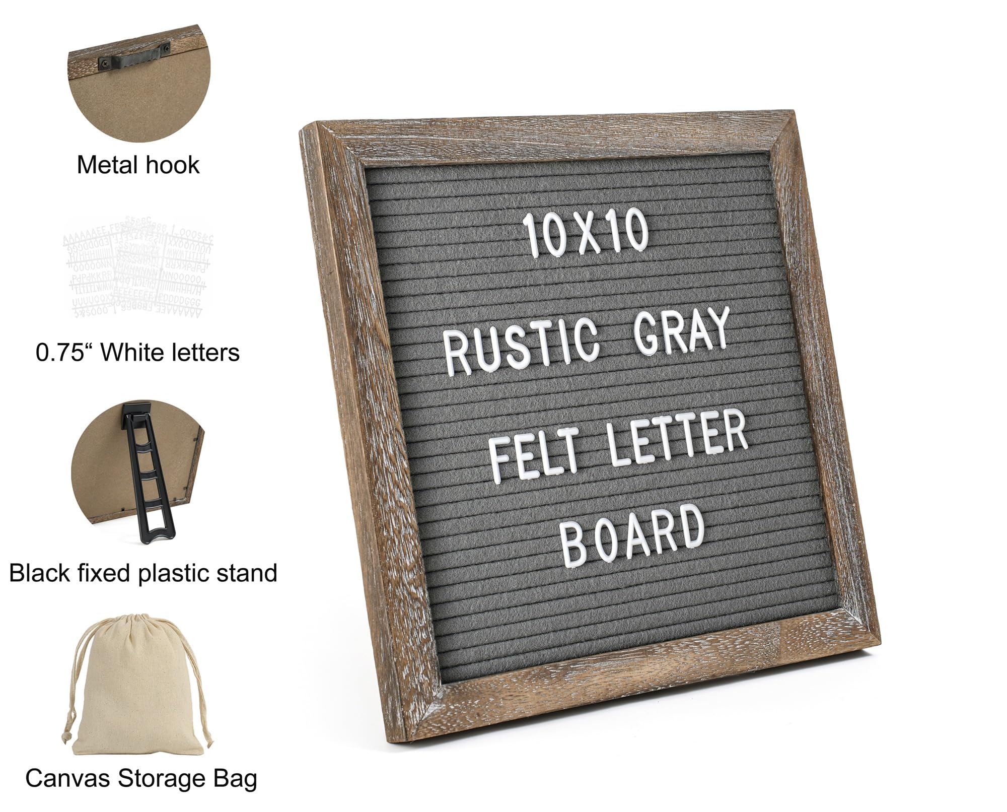 G GAMIT Rustic Felt Letter Board with 340 Changeable Letters & Numbers, 10x10 Message Sign in Rustic Gray Frame with Stand and Canvas Bag for Announcement & Notification - Image 3