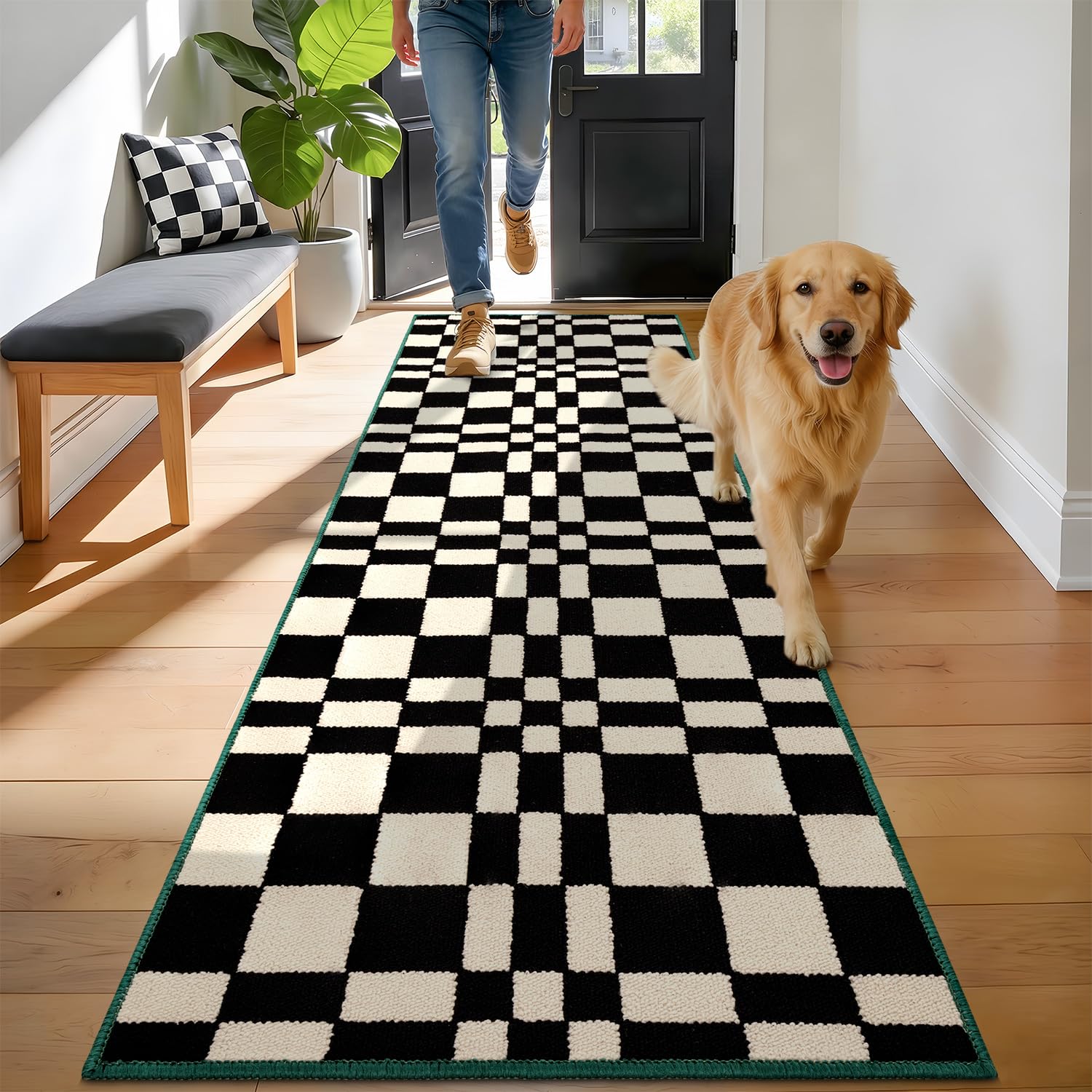 Biscpro Checkered Grid Dirt Trapper Indoor Doormat,60x180cm Black Door mat