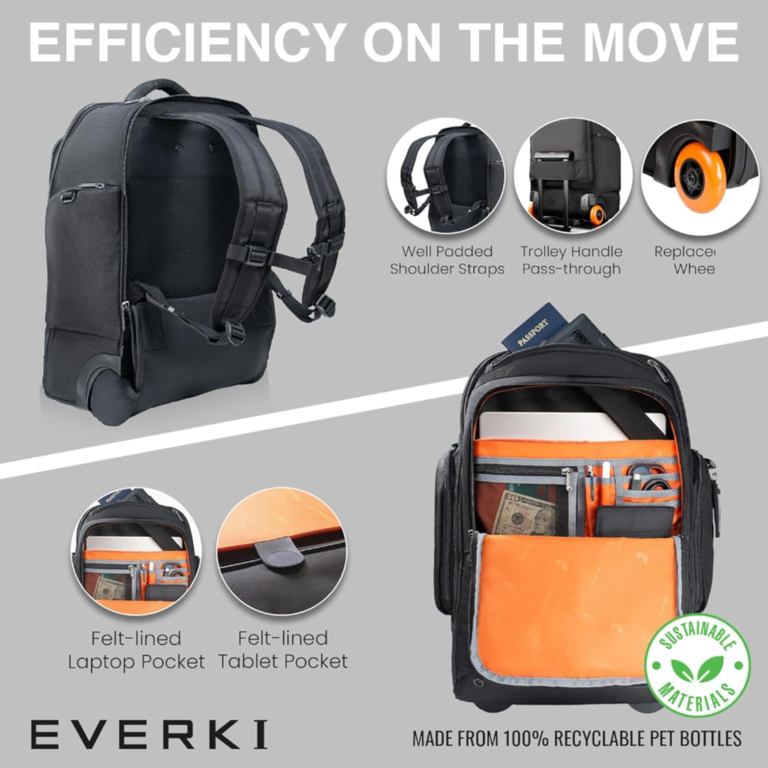 Everki Wheeled 123 Mochila para portátil con Ruedas – para 15,6" y MacBook 16", Equipaje de Mano con Ruedas reemplazables + Juego 3 Cubos de compresión