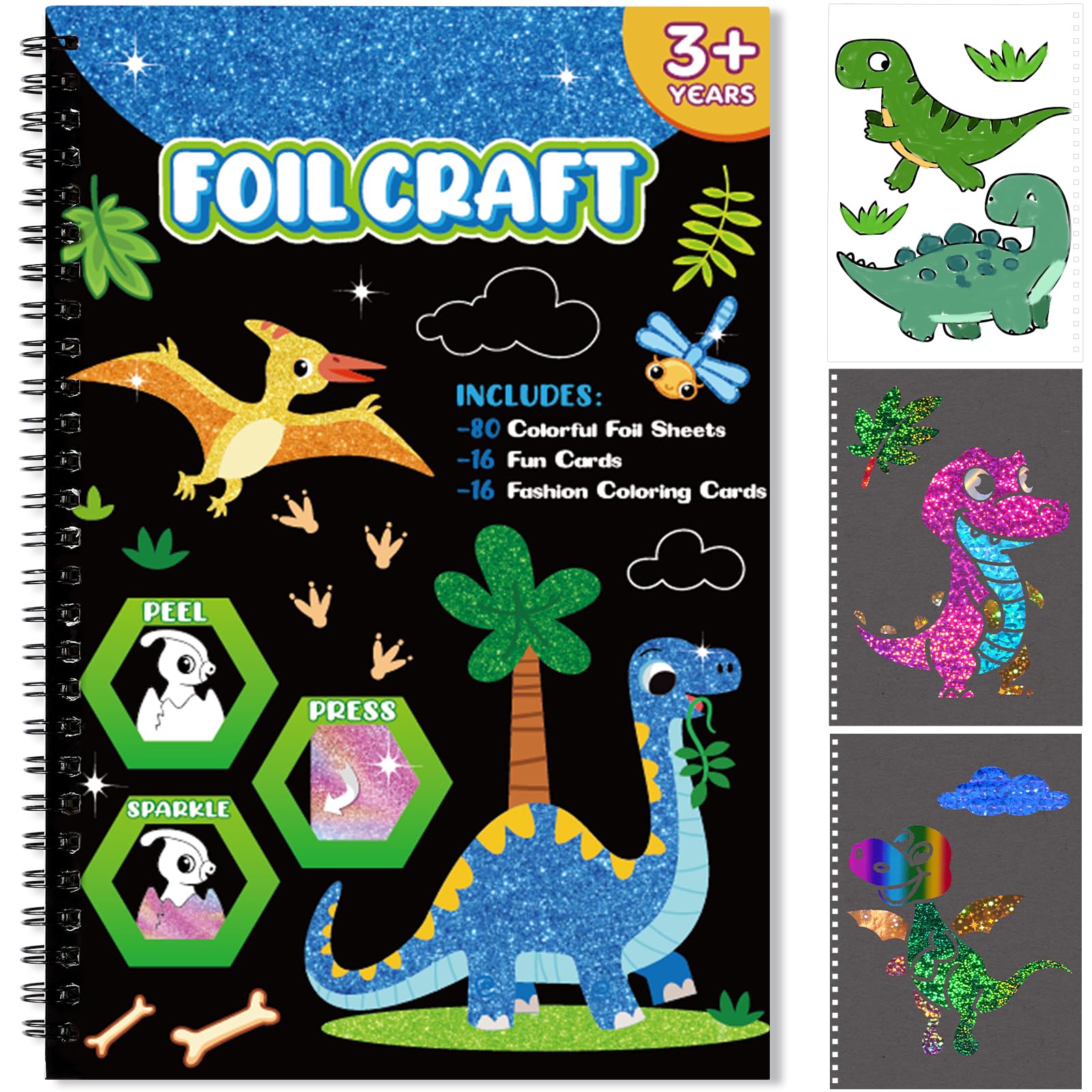 Foil Craft Dinosaur DIY Art Fun Kits, No Mess Creative Foil Art Kits Set Drawing Game for Kids, Birthday Gifts Crafts Supplies Travel Toys for Girls