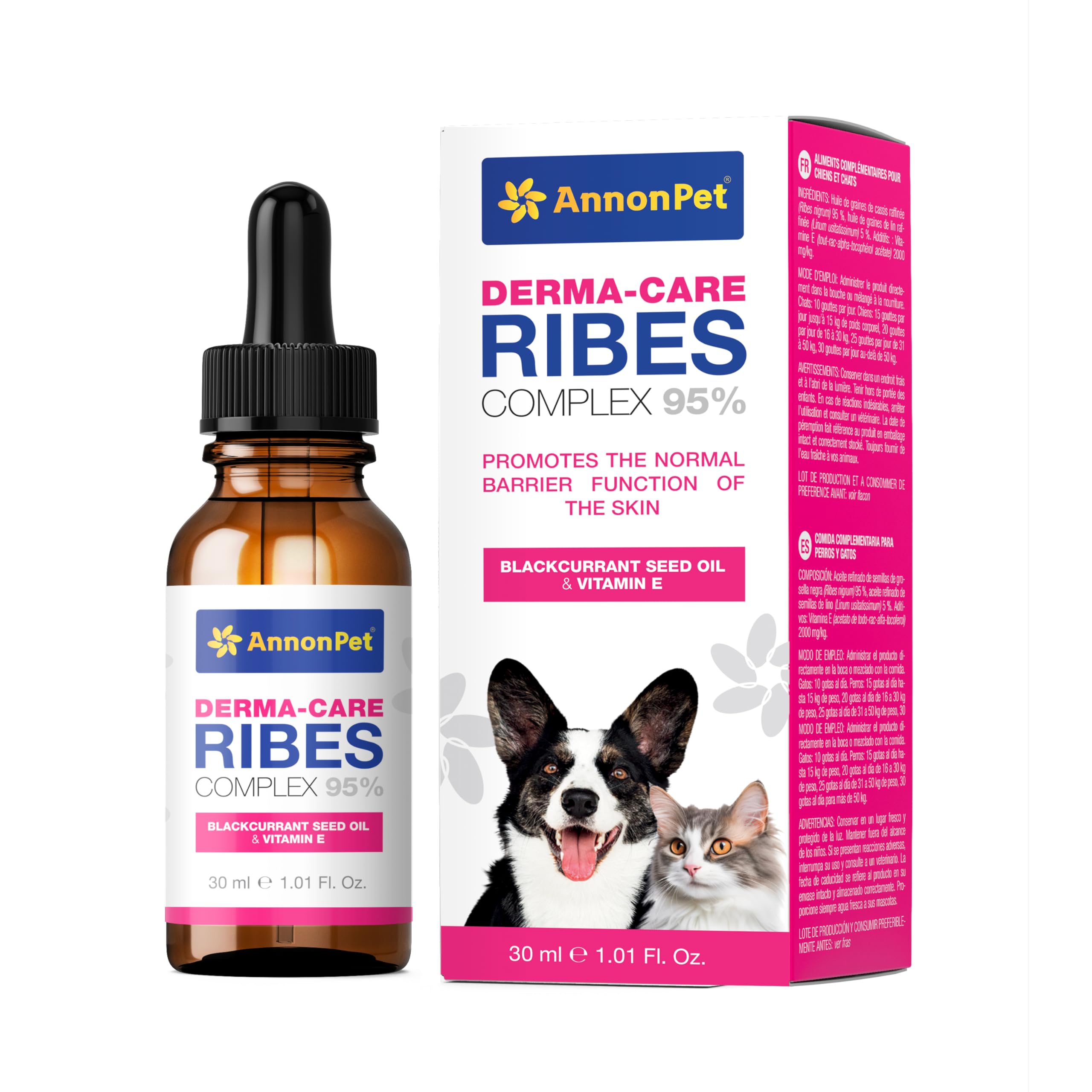 Derma-Care Ribes Complex 95% - Suplemento para Perros y Gatos, Apoya la Piel y el Pelaje - Omega 3 para Perros - Vitamina E para una Piel Sana - Suplemento para Dermatitis
