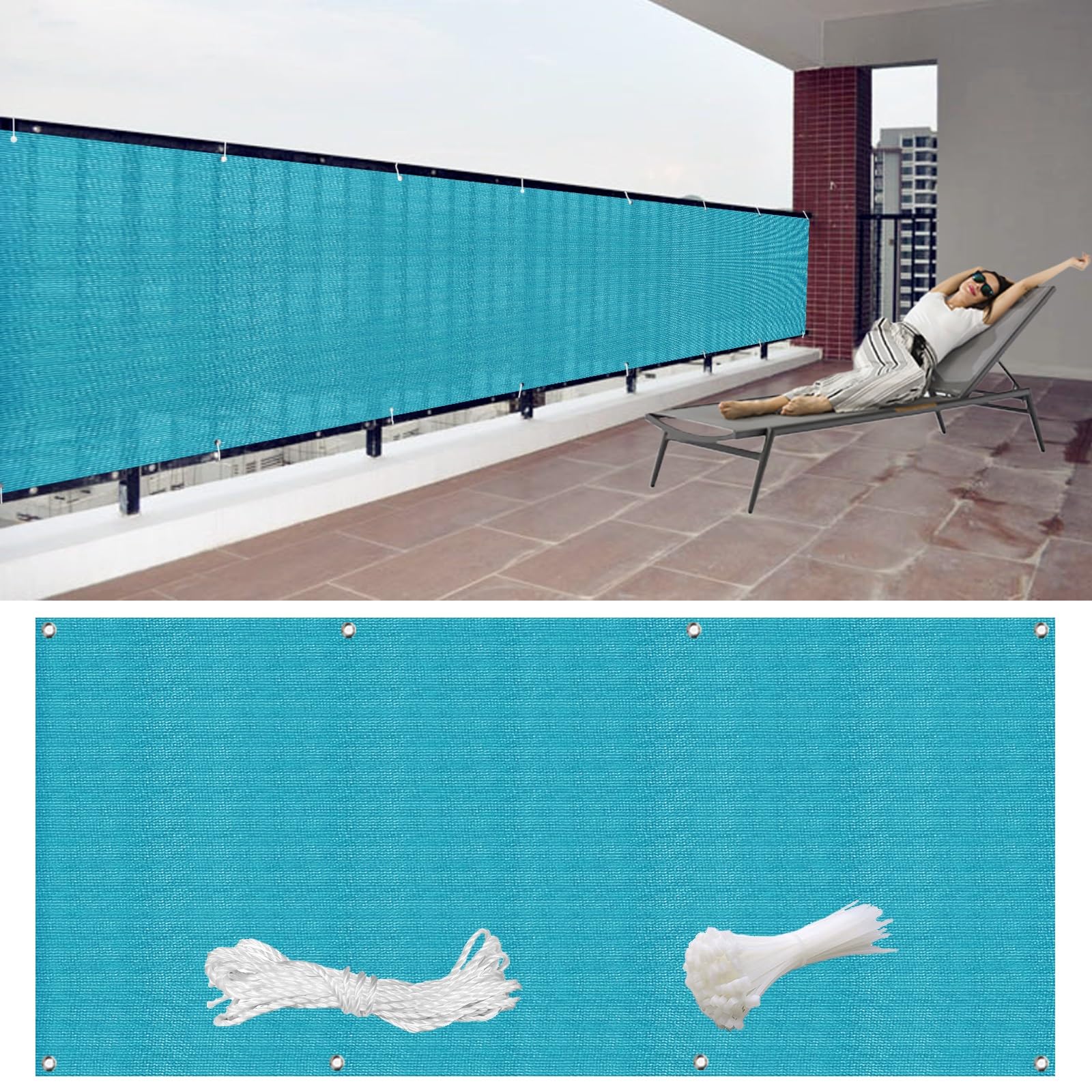 Telo Privacy Ringhiera 110 x 500 cm Recinzione Copertura, Telo Copribalcone, Rete Telo Ombra HDPE da 220G/M², con Occhielli Corde e Fascetta per Balcone Giardino, Blu Cielo