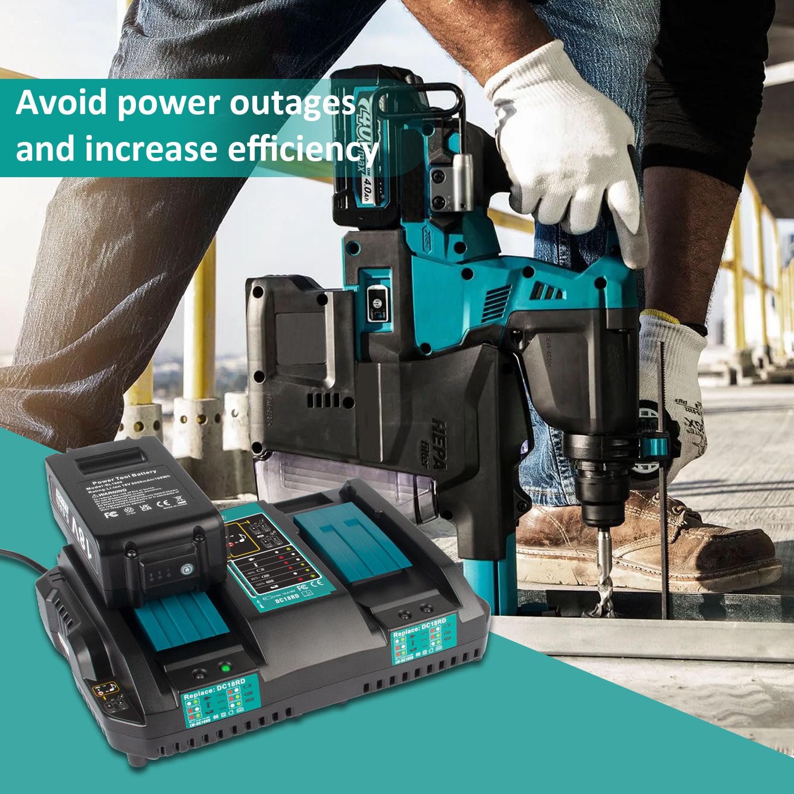 PENGJBATTER DC18RD 14.4V-18V Cargador rápido de doble puerto para batería Makita de 18 V, compatible con Makita 14.4V-18V BL1850B BL1860B BL1830B BL1840B BL1820B Cargador DC18RC DC18SF DC18RT