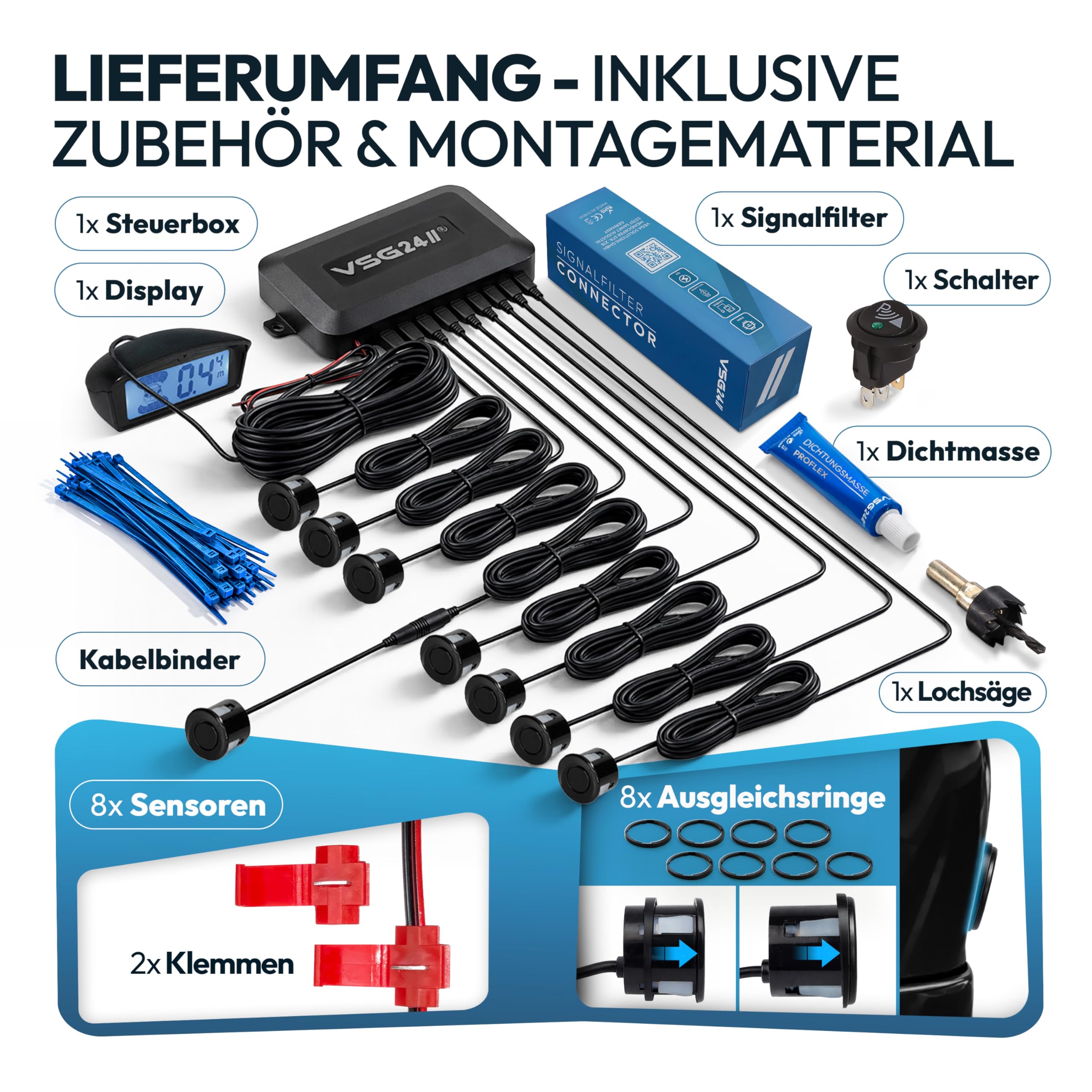 VSG24 Echo Plus Einparkhilfe Set vorne & hinten mit Display & 8 Sensoren – robuste Parkhilfe für Fahrzeuge, Wohnmobil & Transporter – LED-Anzeige & akustischer Warner – bis 12 m – 12V PDC Nachrüstset