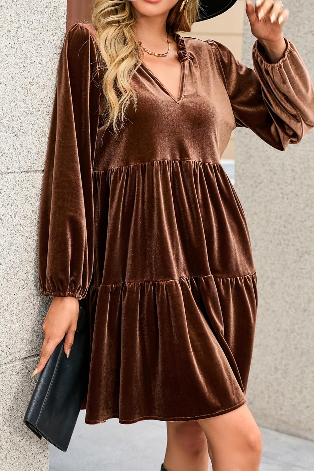 R.Vivimos Womens Fall Winter Velvet Tunic Dress 2026 Long Sleeve V Neck Casual Loose Tiered Ruffle Mini Dress - Image 6
