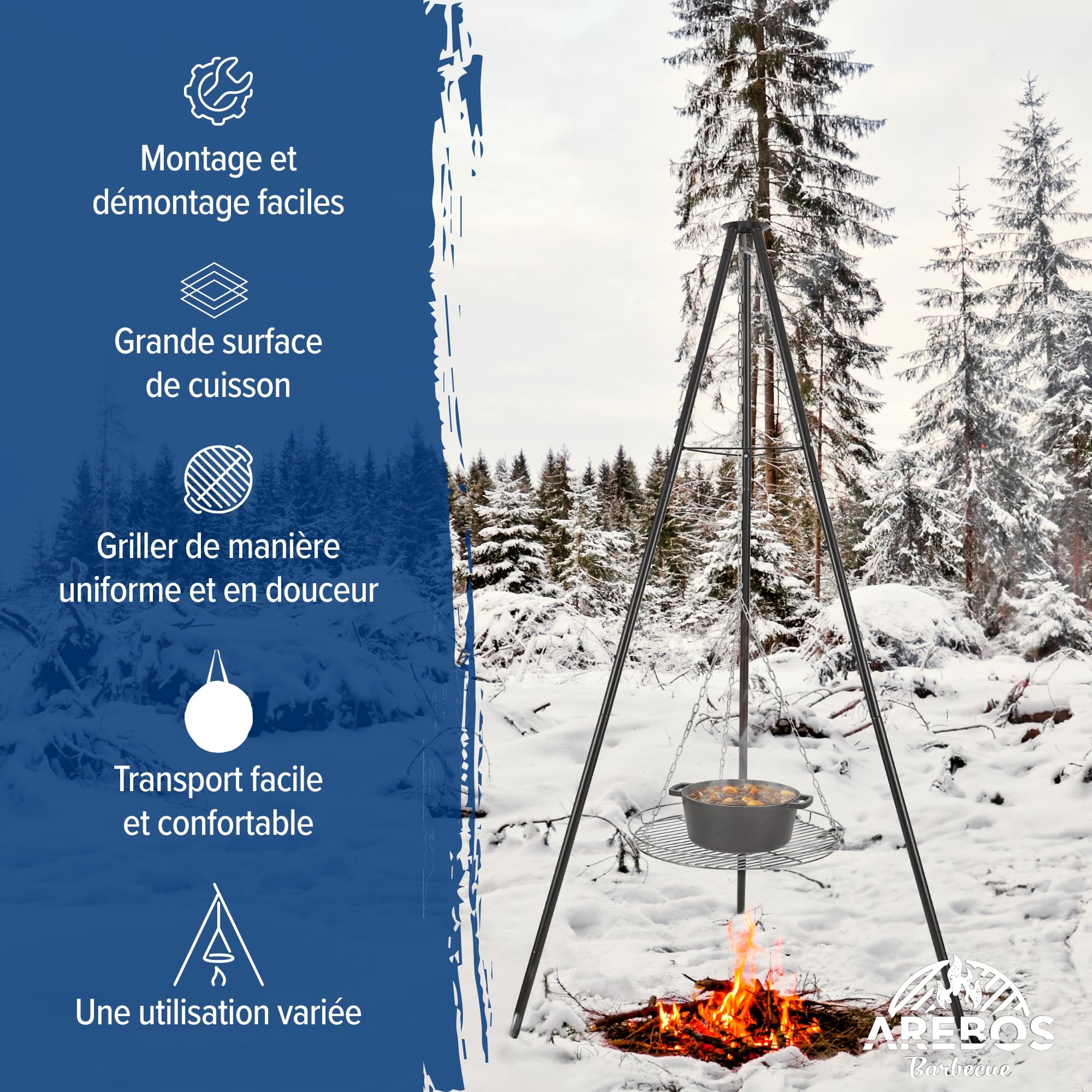 Arebos Barbecue suspendu | Barbecue au charbon de bois avec brasero Ø 51 cm | Trépied pour chaudron à goulasch | Grille de cuisson Ø 49 cm | Armature de barbecue avec brasero | Chaîne réglable en
