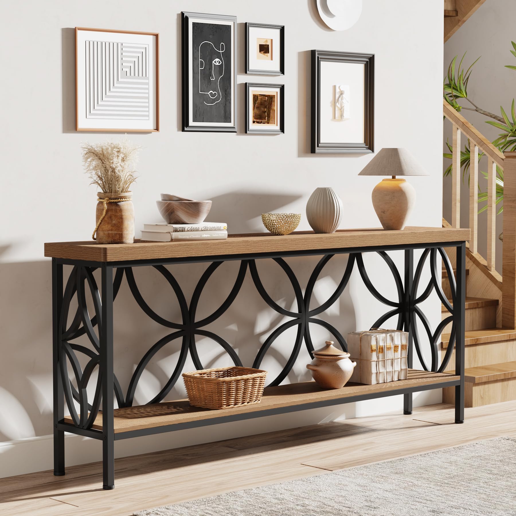 Tribesigns Tavolo consolle con ripiano, 160 cm, tavolino da corridoio, tavolino da salotto, design unico, per ingresso, corridoio, soggiorno, marrone chiaro
