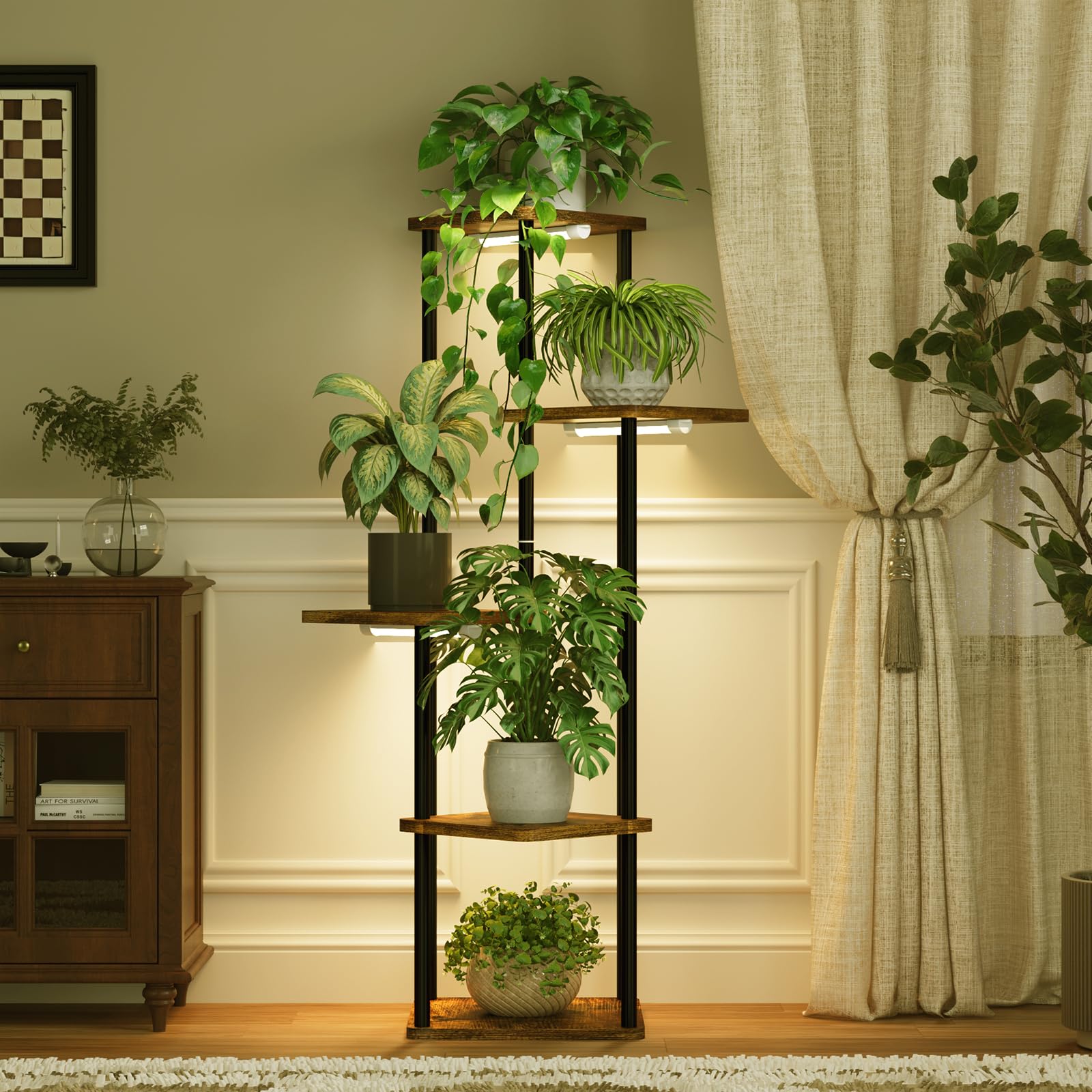Bamworld - Support pour plantes d'intérieur de grande taille avec lampe de croissance - Support d'angle pour plantes d'intérieur avec 5 niveaux en métal et bois avec lampes de croissance pour salon