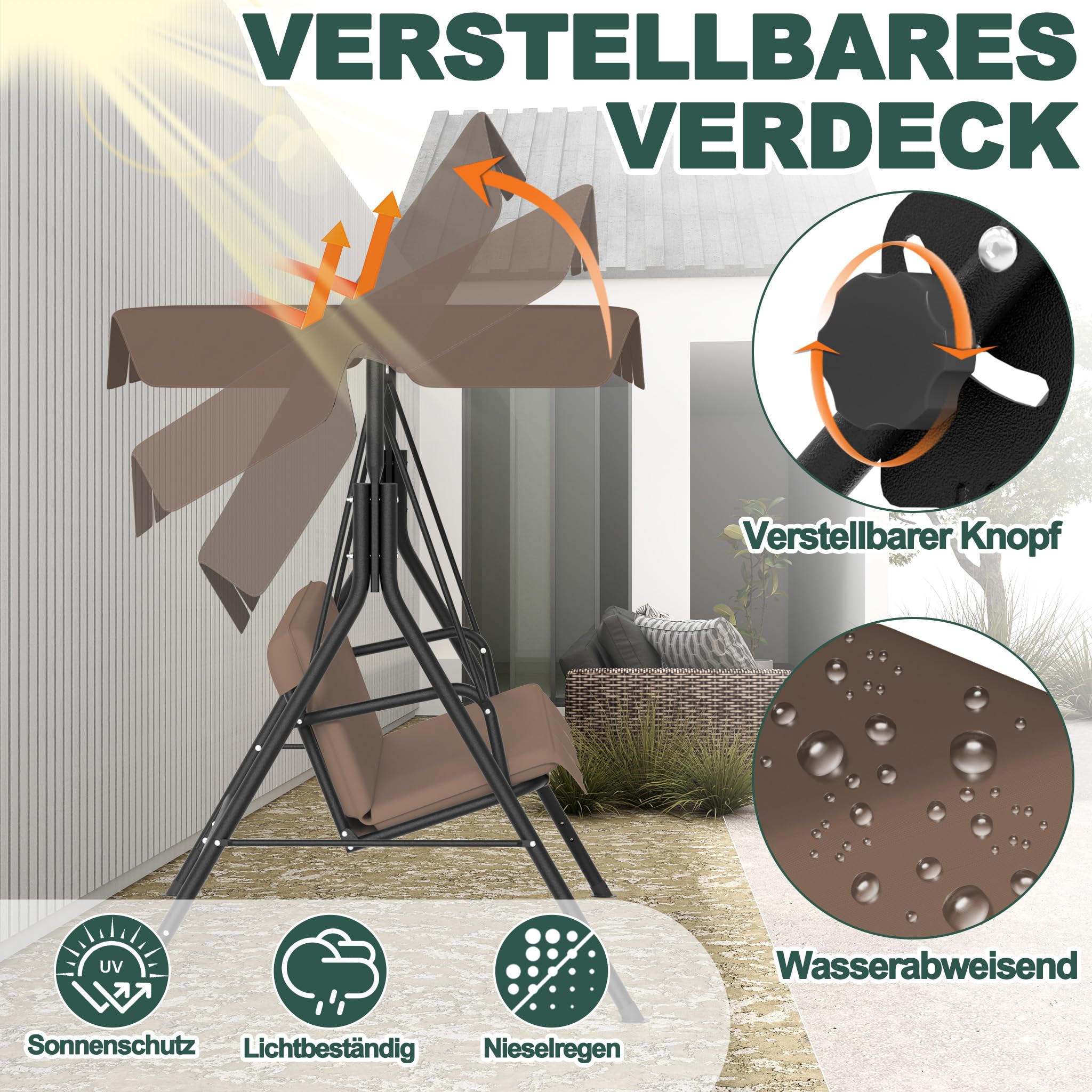 LZQ Balançoire Hollywood 3 places résistante aux intempéries - Avec toit réglable - 176 x 110 x 152 cm - Charge maximale : 200 kg - Pour extérieur, intérieur et extérieur, marron foncé