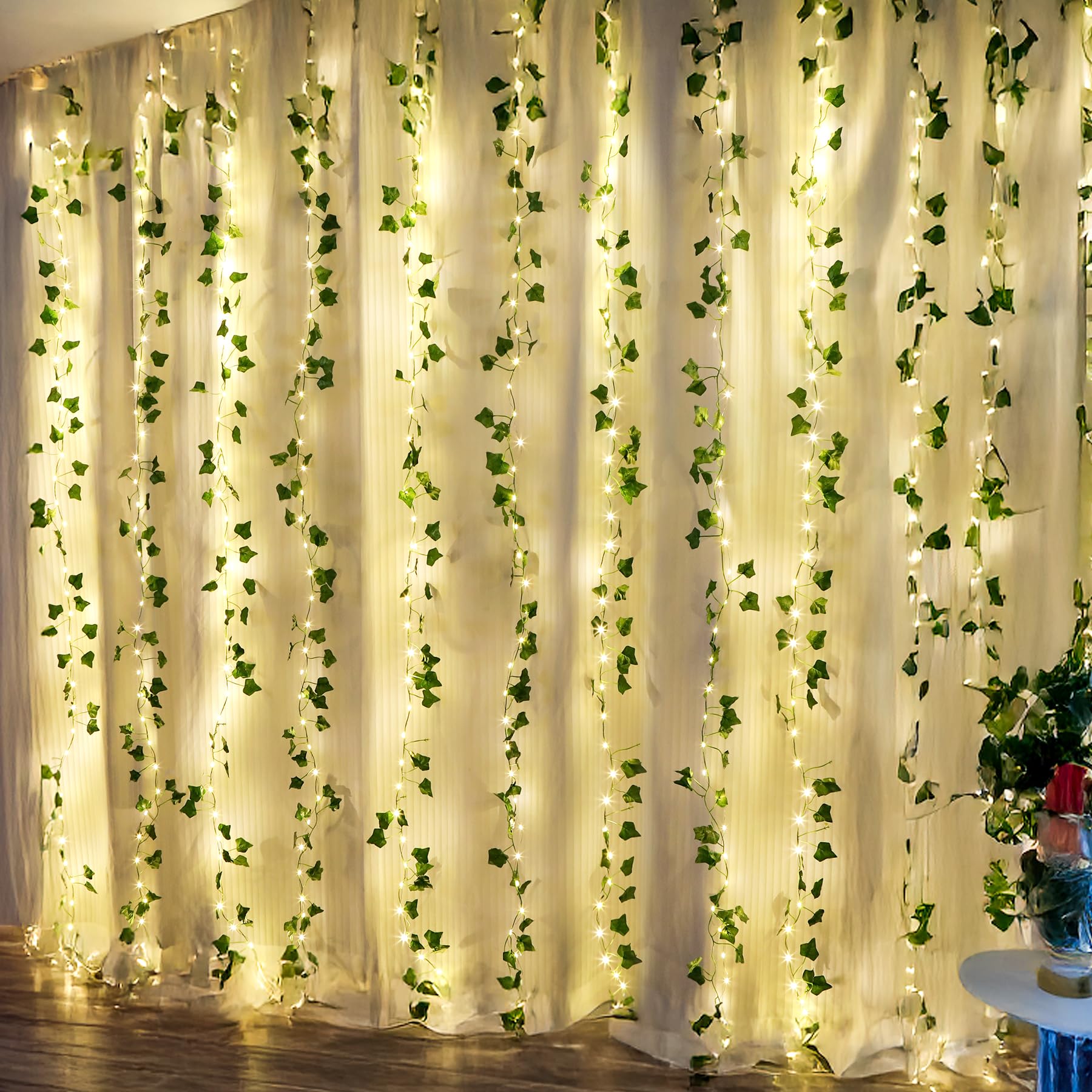 (New) 2 Pack Vines with Lights, 6.56FT 40 LED String Lights with Leaf, LED Artificial Vines with Fairy Light, 2 Modes Fake Vines Ivy String Lights for Bedroom, Wall, Room, Garden, Party Decoration
