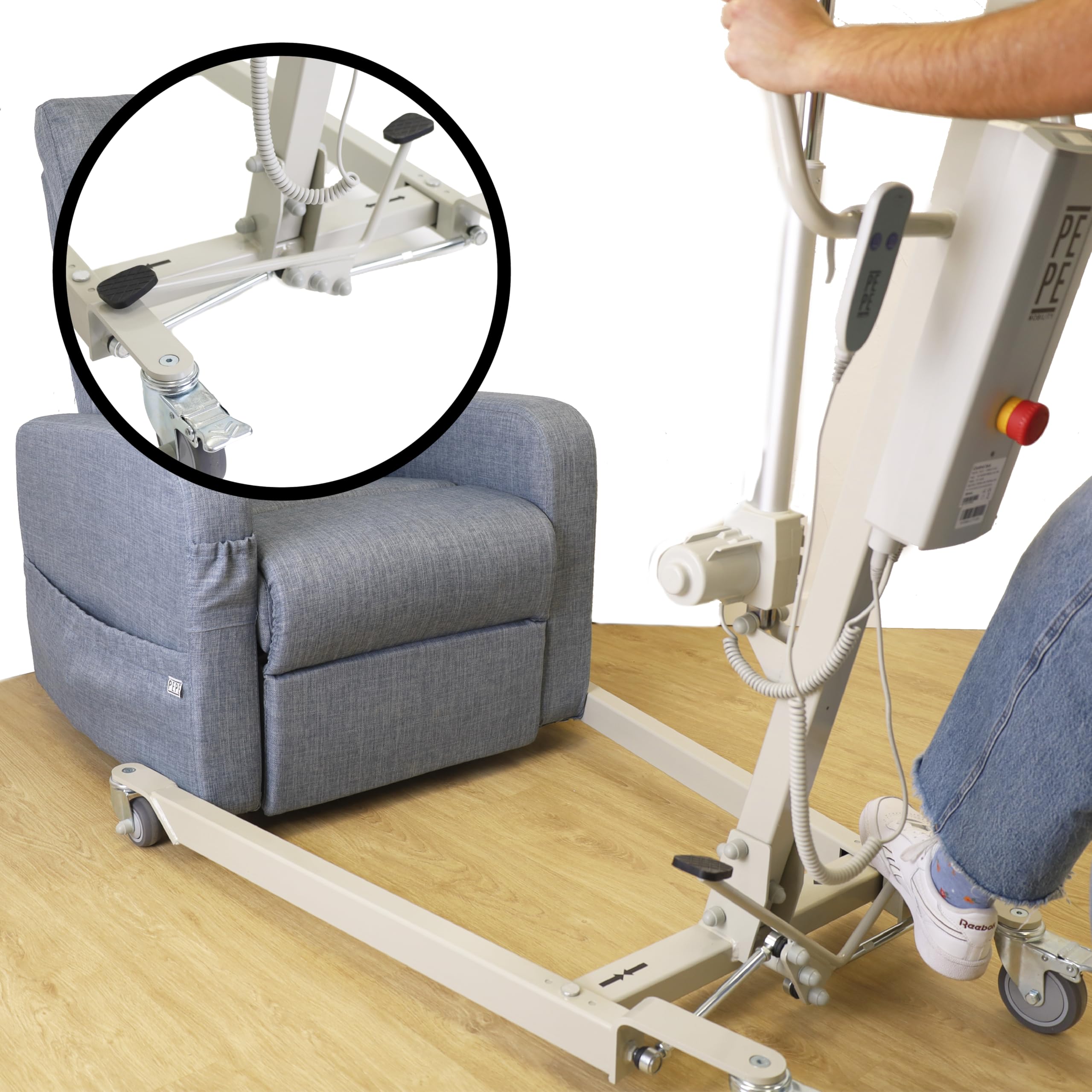 PEPE Mobility Grúa para Personas Mayores Eléctrica (hasta 150 kg), Arnés de Transferencia Incluido, Ancho Ajustable, Ruedas con Bloqueo Seguridad