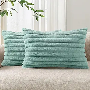 Pallene Faux Fur Plush Lumbar Throw Pillow Covers 12x20 Set of 2, Luxury Soft Fluffy Striped Decorative Pillow Covers for Sofa, Couch, Living Room, Aqua
