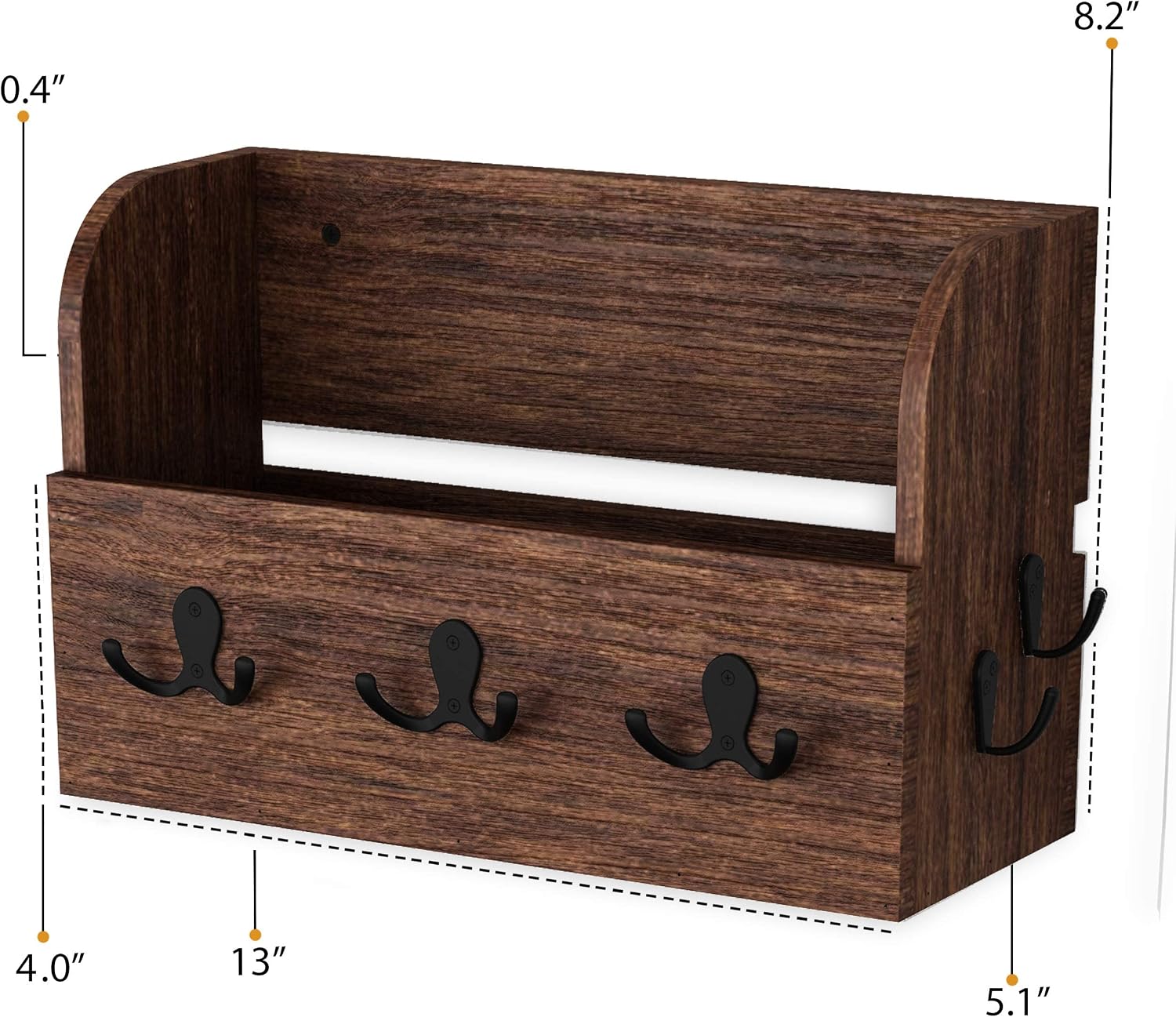 Wallniture Ohio Wall Mounted Coat Rack with Hooks for Hanging Face Masks, Mail and Key Holder for Wall, Wood Entryway Storage Rack for Farmhouse Decor, Walnut