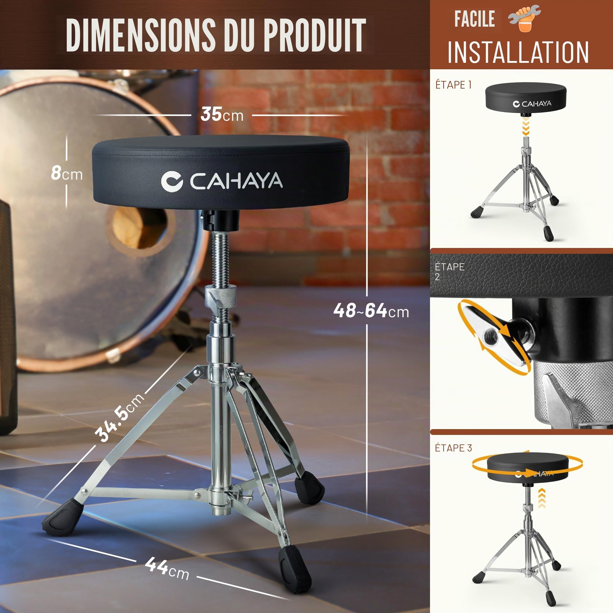 CAHAYA Tabouret pour Batterie de Hauteur Réglable - Siège de Tambour Professionnel Rembourré Épais, Support en Acier à Double Embase, Charge Maximale 200kg, Pliable et Portable pour Musiciens, Noir