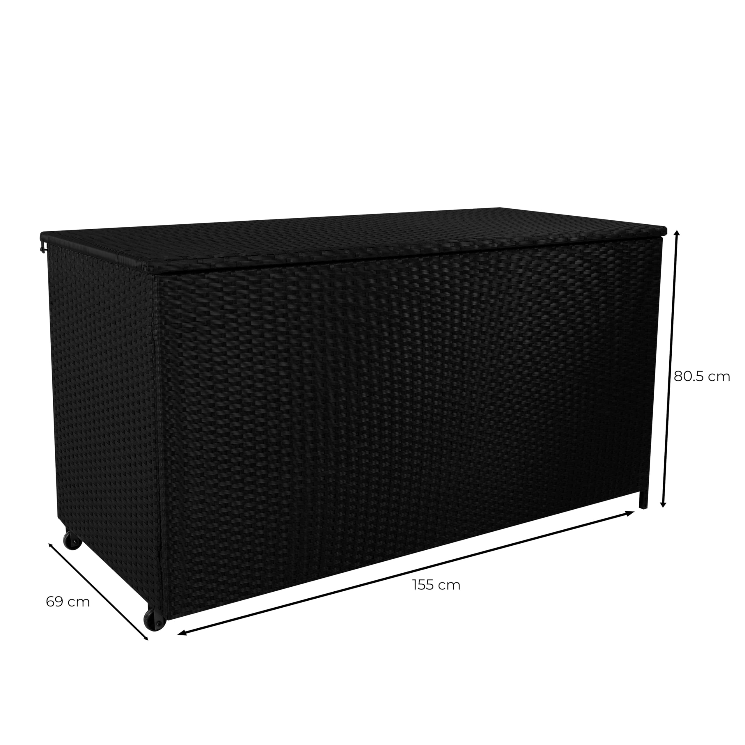 Coffre de Rangement Jardin Extérieur 700 L en Rotin Noir Résistant Aux Intempéries Doublure Zippée Rangement de Coussins Serviettes Jouets Meuble de Jardin Terrasse Cadre en Acier Verin en Gaz