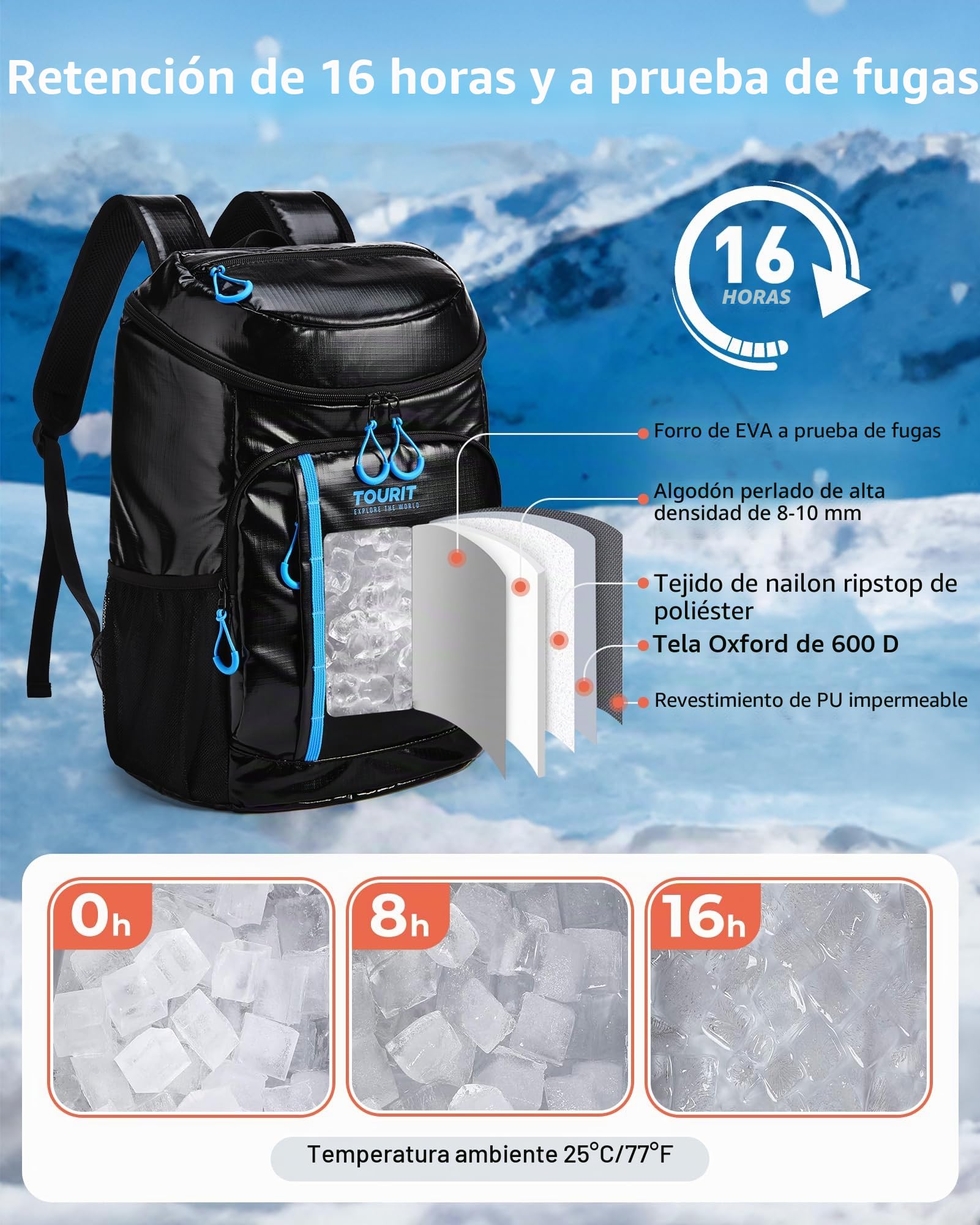 TOURIT Mochila de refrigeración de 28 l con abridor de botellas, capacidad para 30 latas, color negro