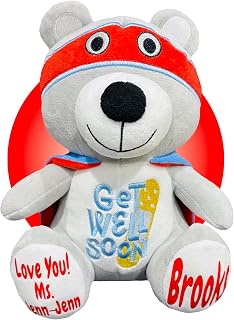 Get Well Soon Gift for Kids - Personalized With Name - Feel Better Superhero Teddy Bear - Get Well Soon Care Package - Child Injuries Gift Basket - Surgery Stuffed Animals (Superhero Jr. Red)