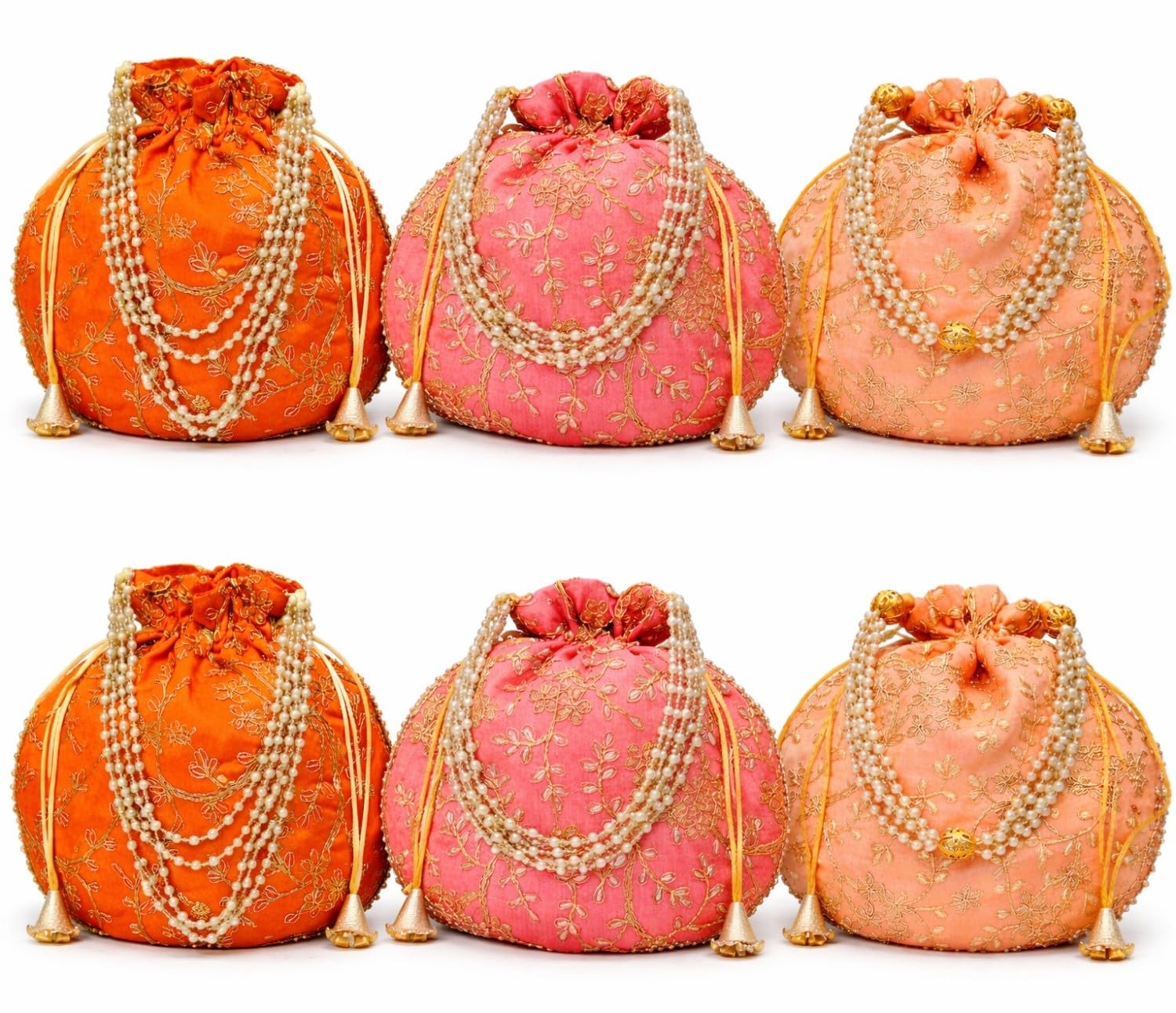 JDDCART Set of 6 Embroidered Wedding Return Gifting Potli Bags with Drawstring Multicolor Handbag 9 Inches-image-24