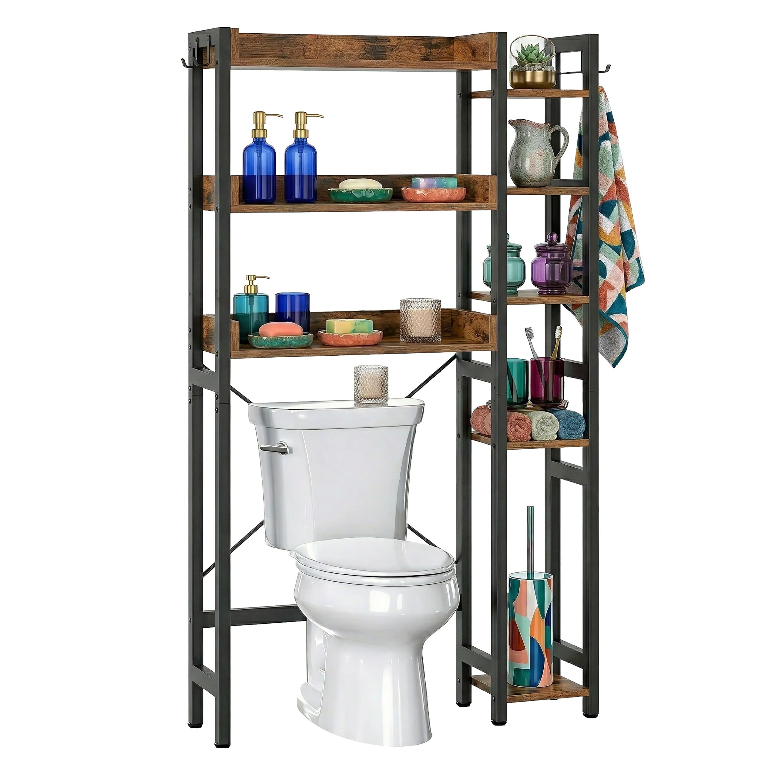 Relaxdays Toilet Shelf, 3-tier over-toilet unit, bathroom shelf HxWxD 161x80x24 cm, metal/MDF, black/brown