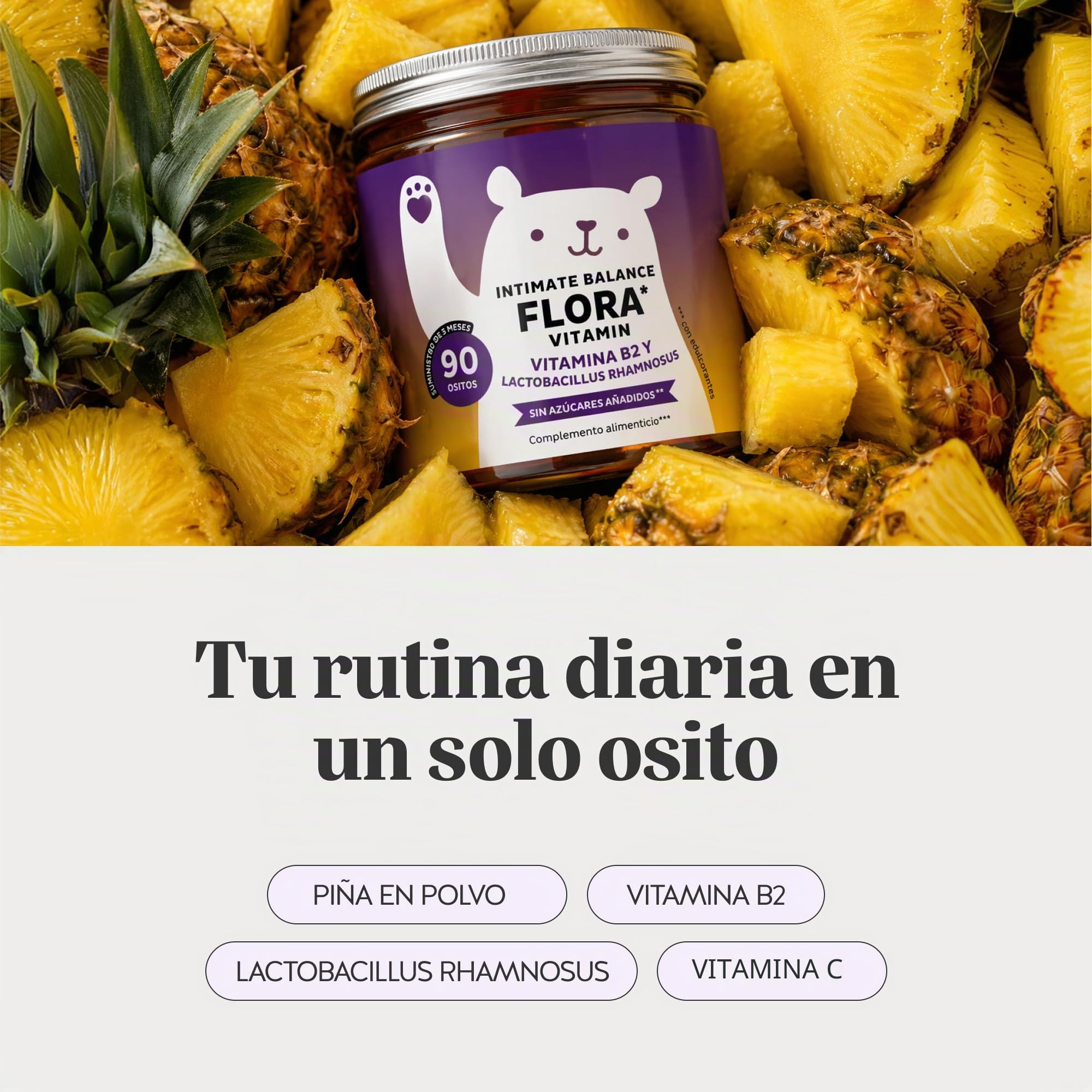 Intimate Balance Flora Vitamin – Bienestar Íntimo – con Vitamina B2 (Riboflavina) y Vitamina C - Multivitaminas – 90 unidades (3 meses) – Sin azúcares añadidos, Vegano – Bears with Benefits
